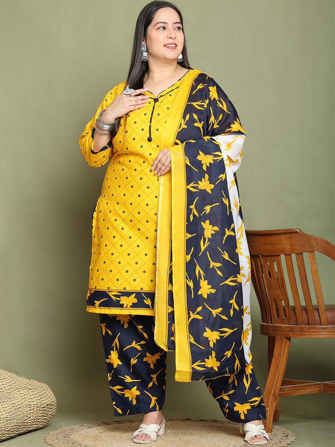 Rajnandini Plus Size Sweetheart Neck Floral Printed Straight Kurta with Trousers & Dupatta, Mustard
Rajnandini Plus Size Sweetheart Neck Floral Printed Straight Kurta with Trousers & Dupatta, Mustard