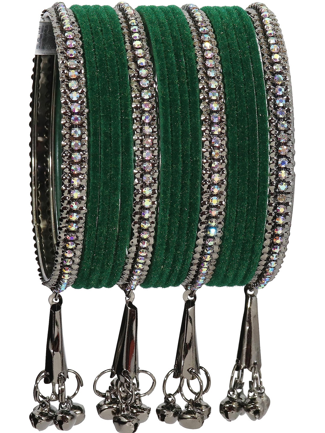 ZULKA Set of 16 Metal with Zircon Gemstone and Velvet Adorned Bells Latkan Bangles, Green
ZULKA Set of 16 Metal with Zircon Gemstone and Velvet Adorned Bells Latkan Bangles, Green