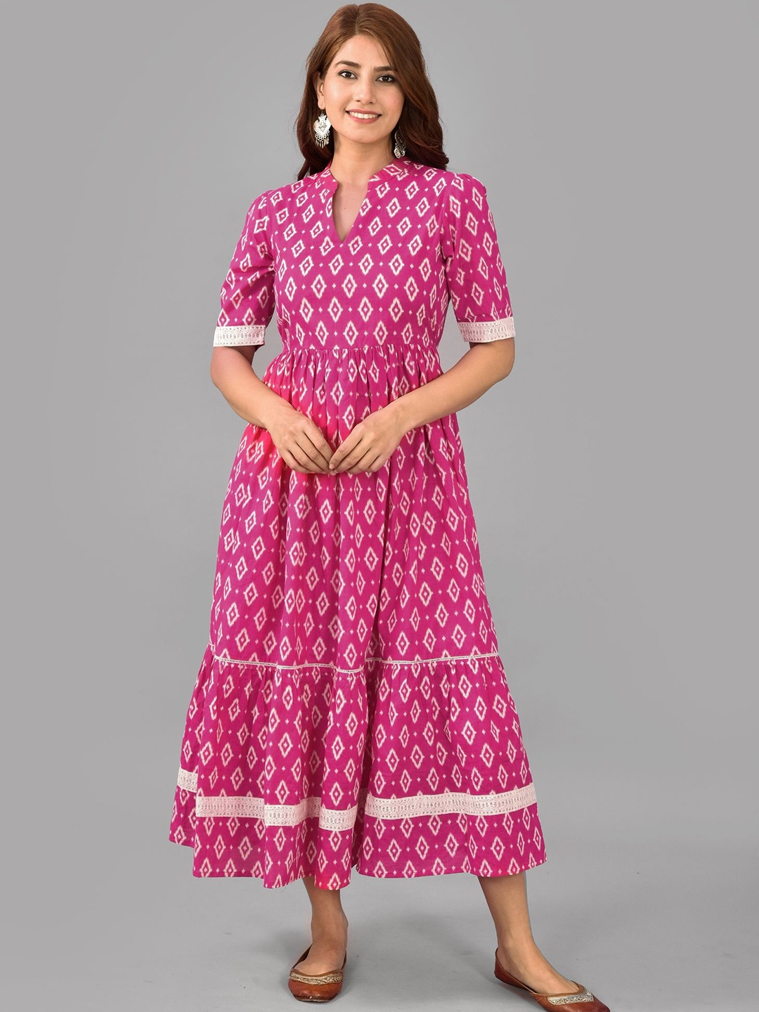 AAYUMI Geometric Printed Mandarin Collar Three-Quarter Sleeves Pure Cotton Ethnic Dress, Pink
AAYUMI Geometric Printed Mandarin Collar Three-Quarter Sleeves Pure Cotton Ethnic Dress, Pink