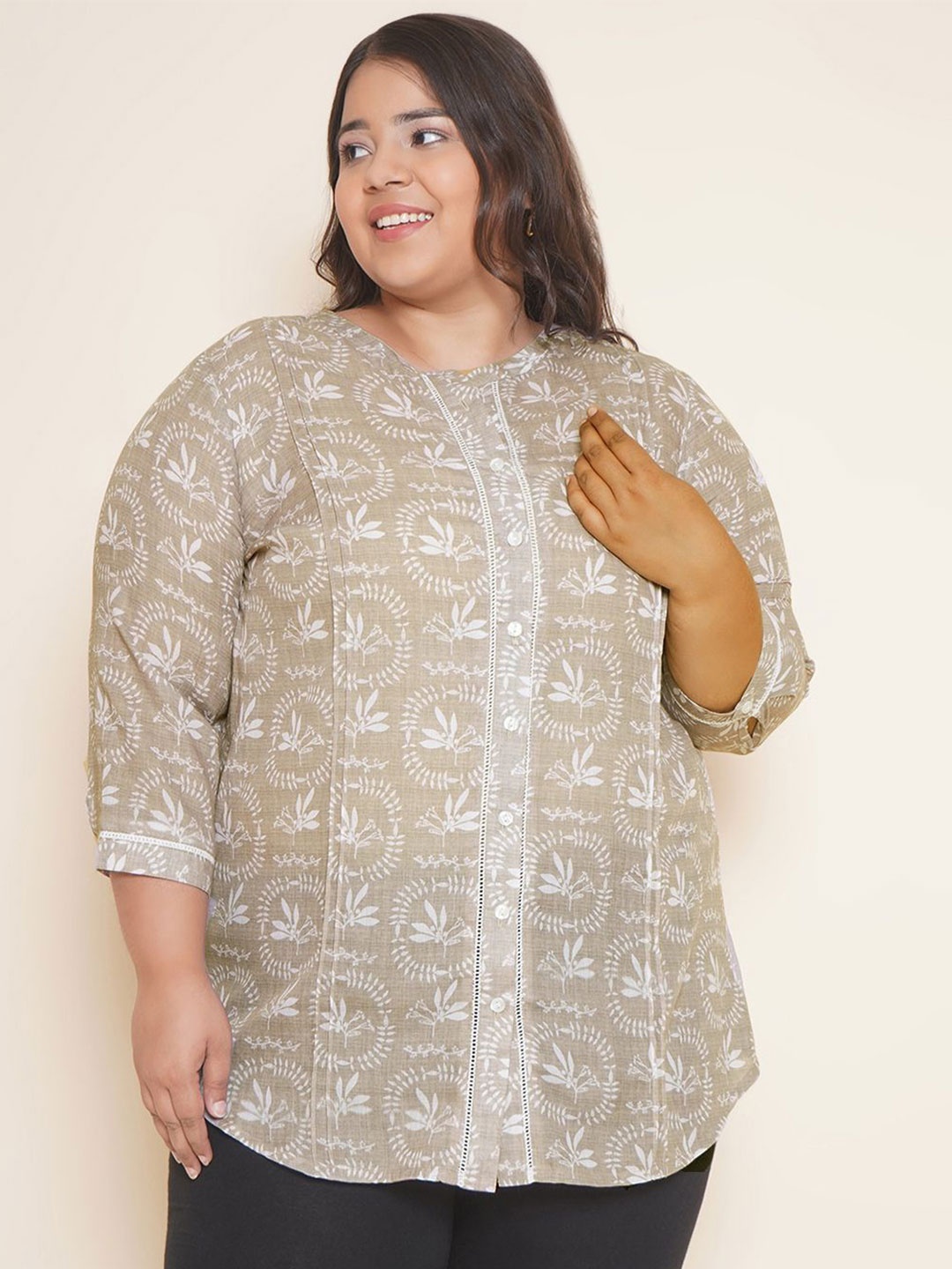 Kiaahvi by JOHN PRIDE Women Plus Size Collarless Floral Printed Cotton Casual Shirt, Beige
Kiaahvi by JOHN PRIDE Women Plus Size Collarless Floral Printed Cotton Casual Shirt, Beige