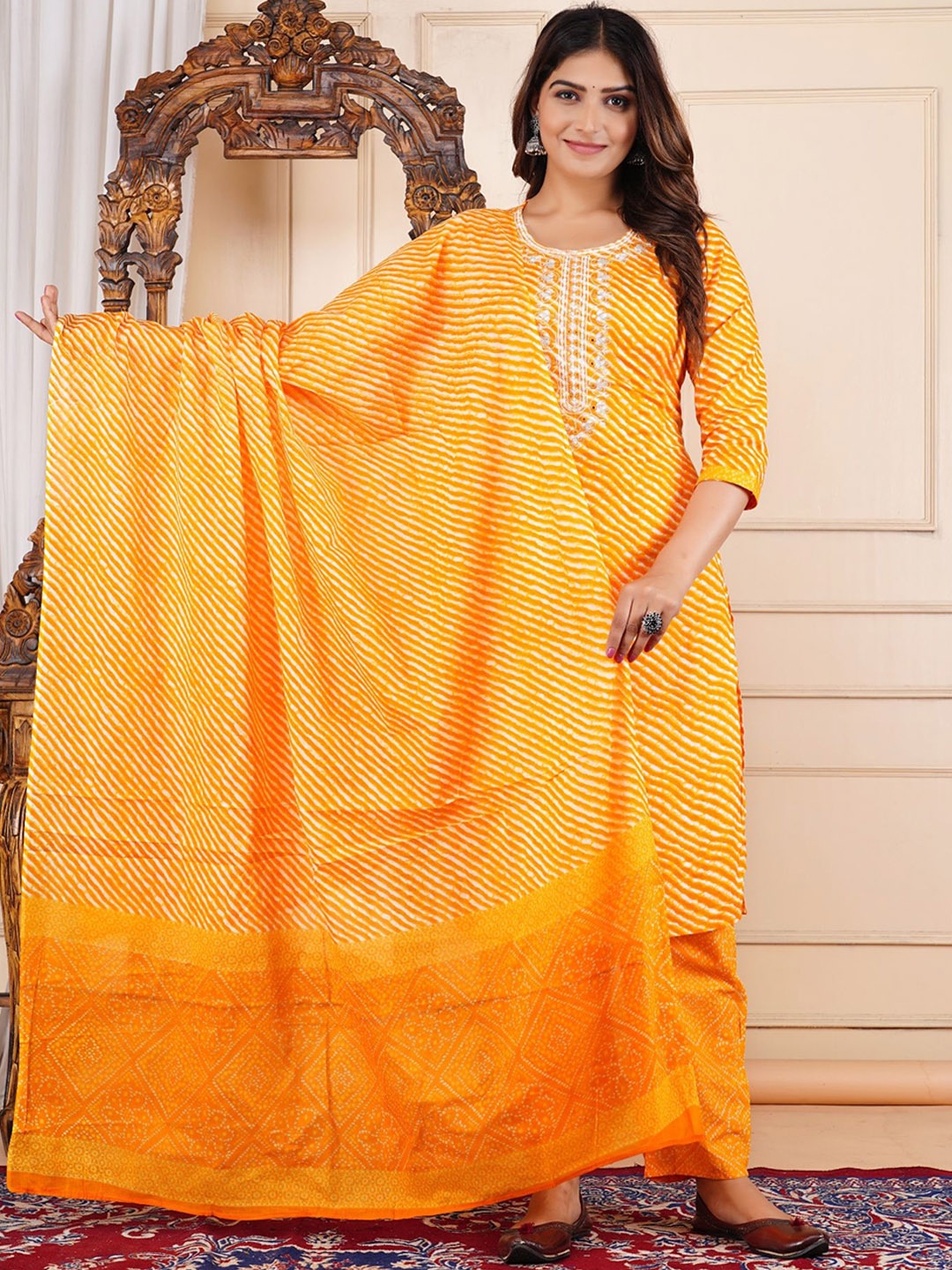 AAYUMI Leheriya Printed Round Neck Pure Cotton Straight Kurta With Trousers & Dupatta, Yellow
AAYUMI Leheriya Printed Round Neck Pure Cotton Straight Kurta With Trousers & Dupatta, Yellow