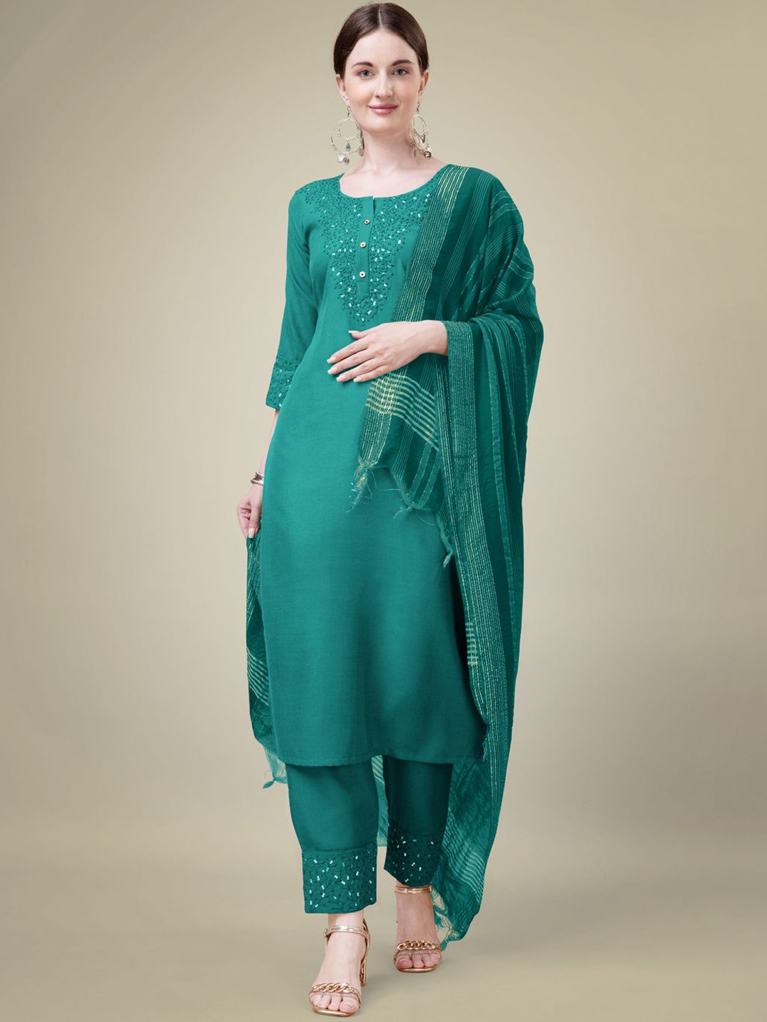 BERISTON Women Ethnic Embroidered Regular Sequinned Kurta with Trousers & With Dupatta, Sea green
BERISTON Women Ethnic Embroidered Regular Sequinned Kurta with Trousers & With Dupatta, Sea green