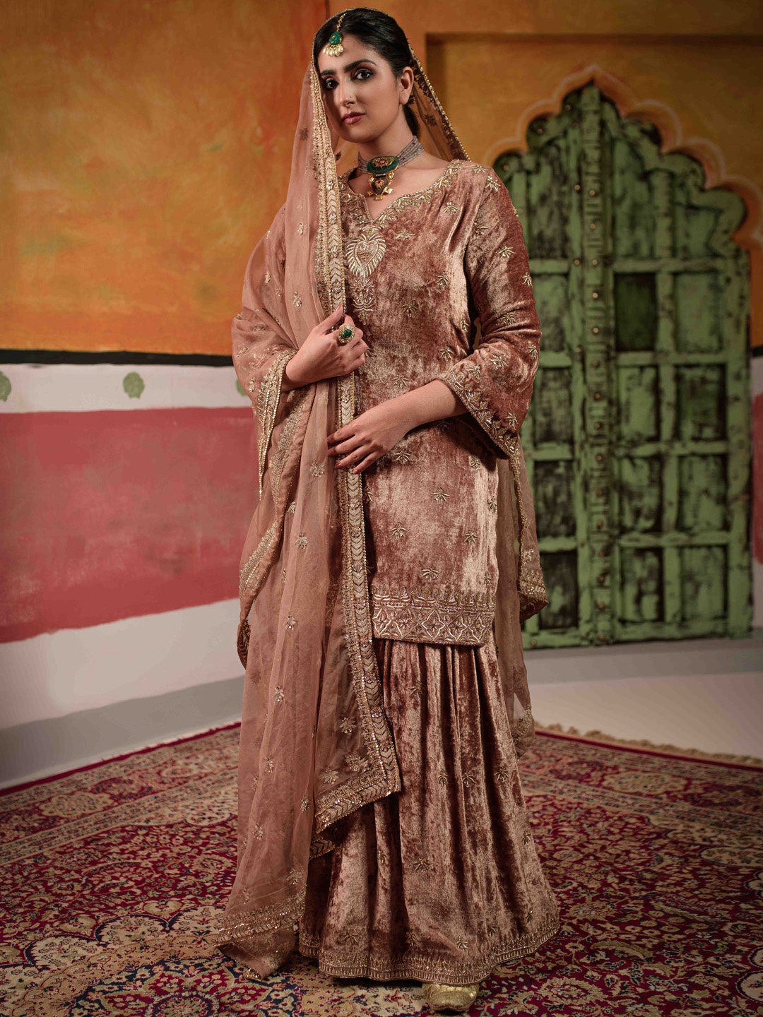 The Front Row Women Embroidered Beads and Stones Velvet Kurti with Sharara & With Dupatta, Beige
The Front Row Women Embroidered Beads and Stones Velvet Kurti with Sharara & With Dupatta, Beige