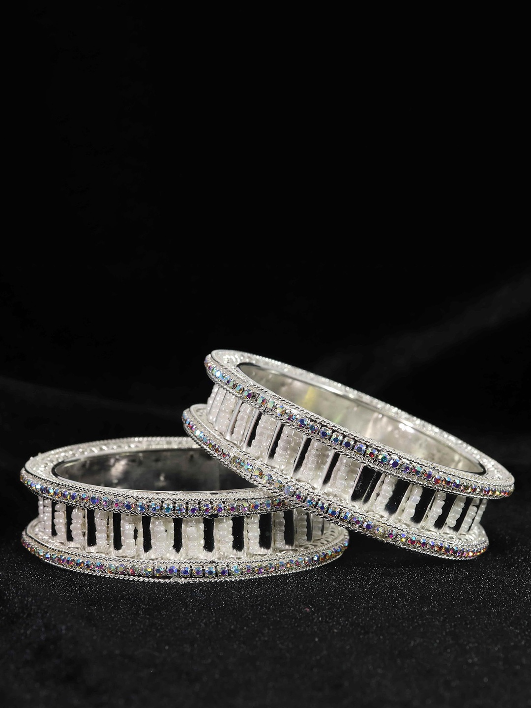 ZULKA Set of 2 Traditional American Diamond Stone Studded Beaded Kada Bangles, Silver
ZULKA Set of 2 Traditional American Diamond Stone Studded Beaded Kada Bangles, Silver
