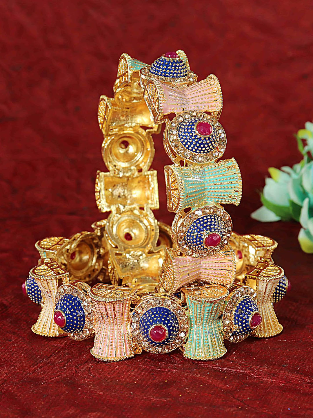 ZULKA Set of 2 Golden Metal with Zircon Diamond Rajwadi Style Kangan Bangles, Multi
ZULKA Set of 2 Golden Metal with Zircon Diamond Rajwadi Style Kangan Bangles, Multi