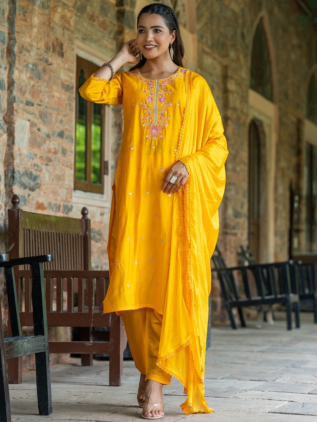 Navlik Floral Embroidered Thread Work Straight Kurta with Trouser & Dupatta, Mustard
Navlik Floral Embroidered Thread Work Straight Kurta with Trouser & Dupatta, Mustard