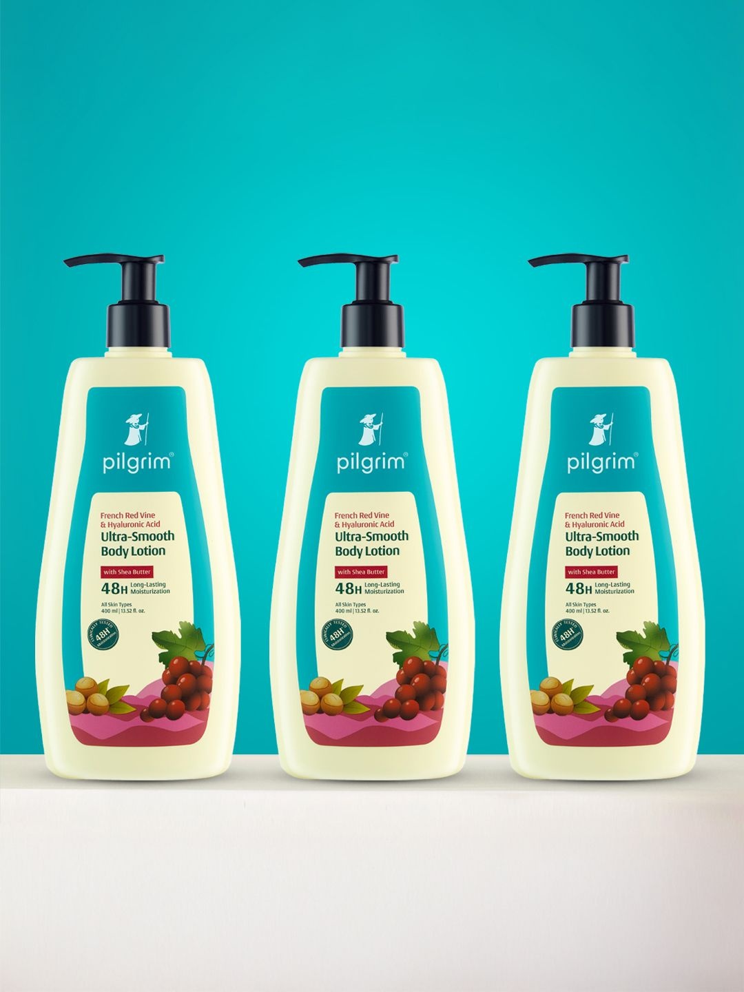 Pilgrim Set Of 3 French Red Vine & Hyaluronic Acid Ultra Smooth Body Lotion - 400 ml Each, White
Pilgrim Set Of 3 French Red Vine & Hyaluronic Acid Ultra Smooth Body Lotion - 400 ml Each, White