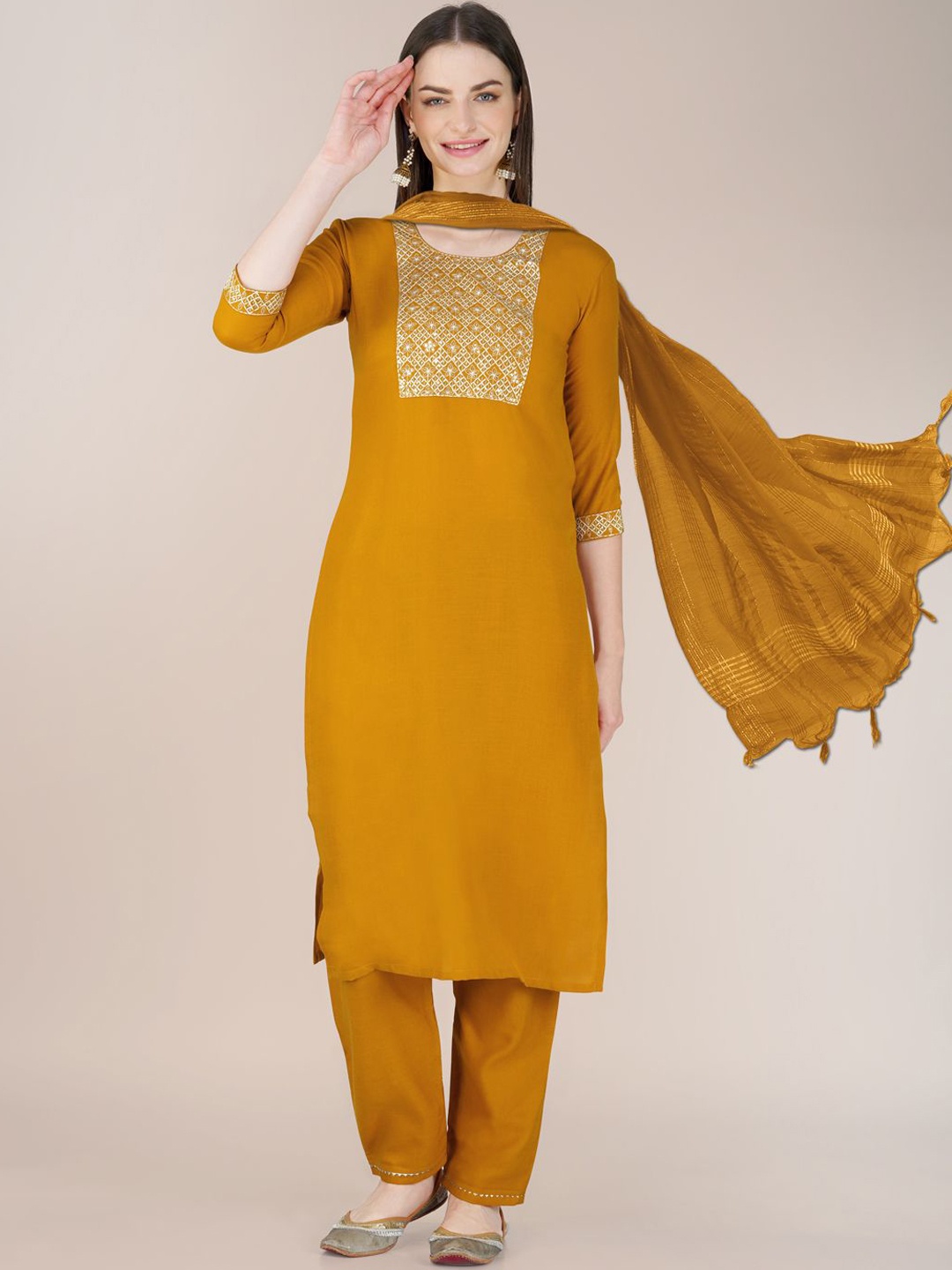 BERISTON Round Neck Floral Yoke Design Thread Work Straight Kurta with Trouser & Dupatta, Yellow
BERISTON Round Neck Floral Yoke Design Thread Work Straight Kurta with Trouser & Dupatta, Yellow