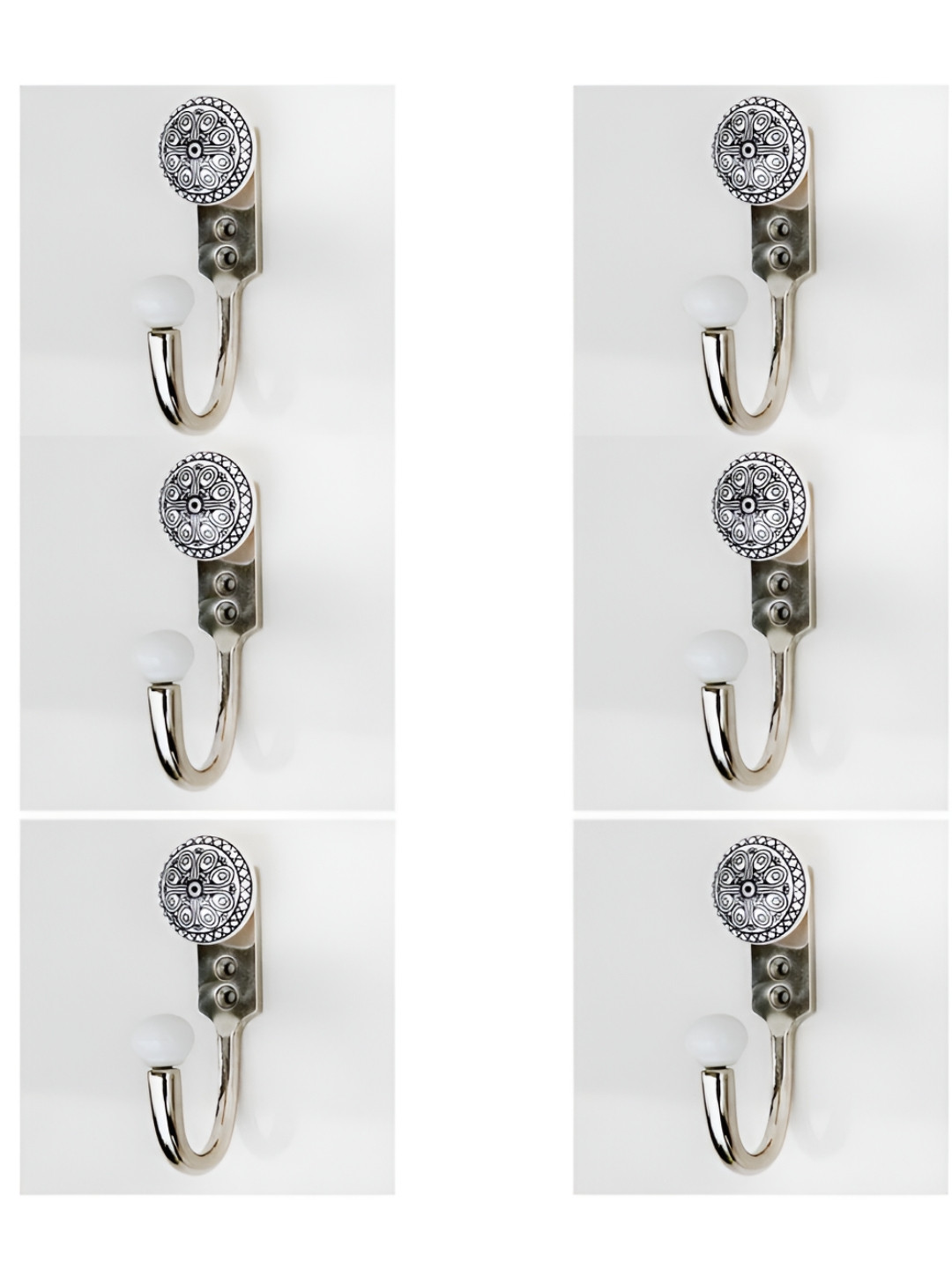 IndianShelf Silver-Toned & White 6 Pieces Wheel Printed Ceramic & Zinc Wall Hooks
IndianShelf Silver-Toned & White 6 Pieces Wheel Printed Ceramic & Zinc Wall Hooks