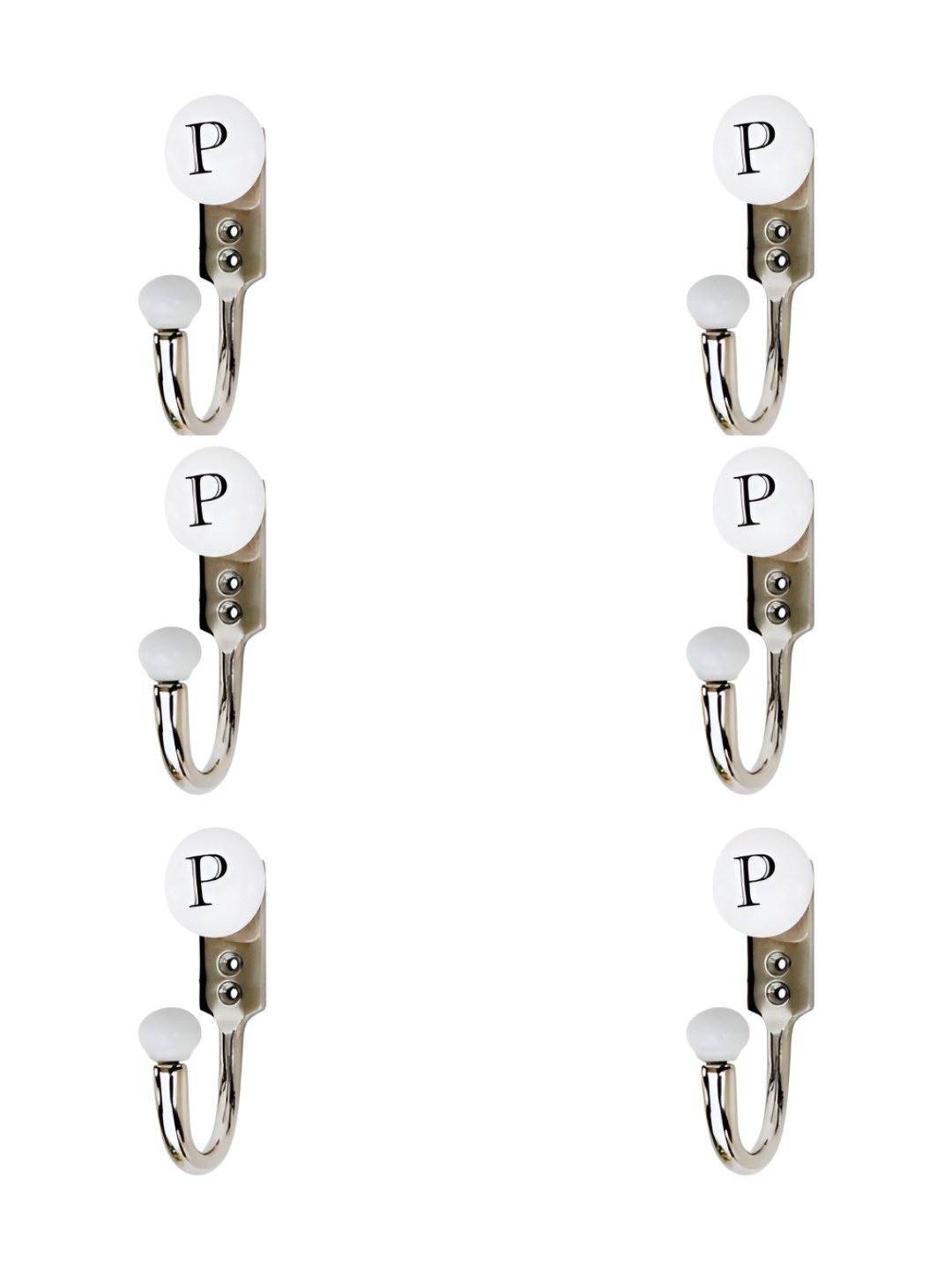 IndianShelf Silver-Toned & White 6 Pieces P Alphabet Printed Ceramic & Zinc Wall Hooks
IndianShelf Silver-Toned & White 6 Pieces P Alphabet Printed Ceramic & Zinc Wall Hooks