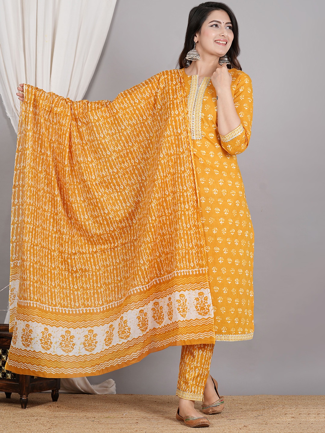 SIGNORIA Women Floral Printed Thread Work Pure Cotton Kurta with Trousers & With Dupatta, Yellow
SIGNORIA Women Floral Printed Thread Work Pure Cotton Kurta with Trousers & With Dupatta, Yellow