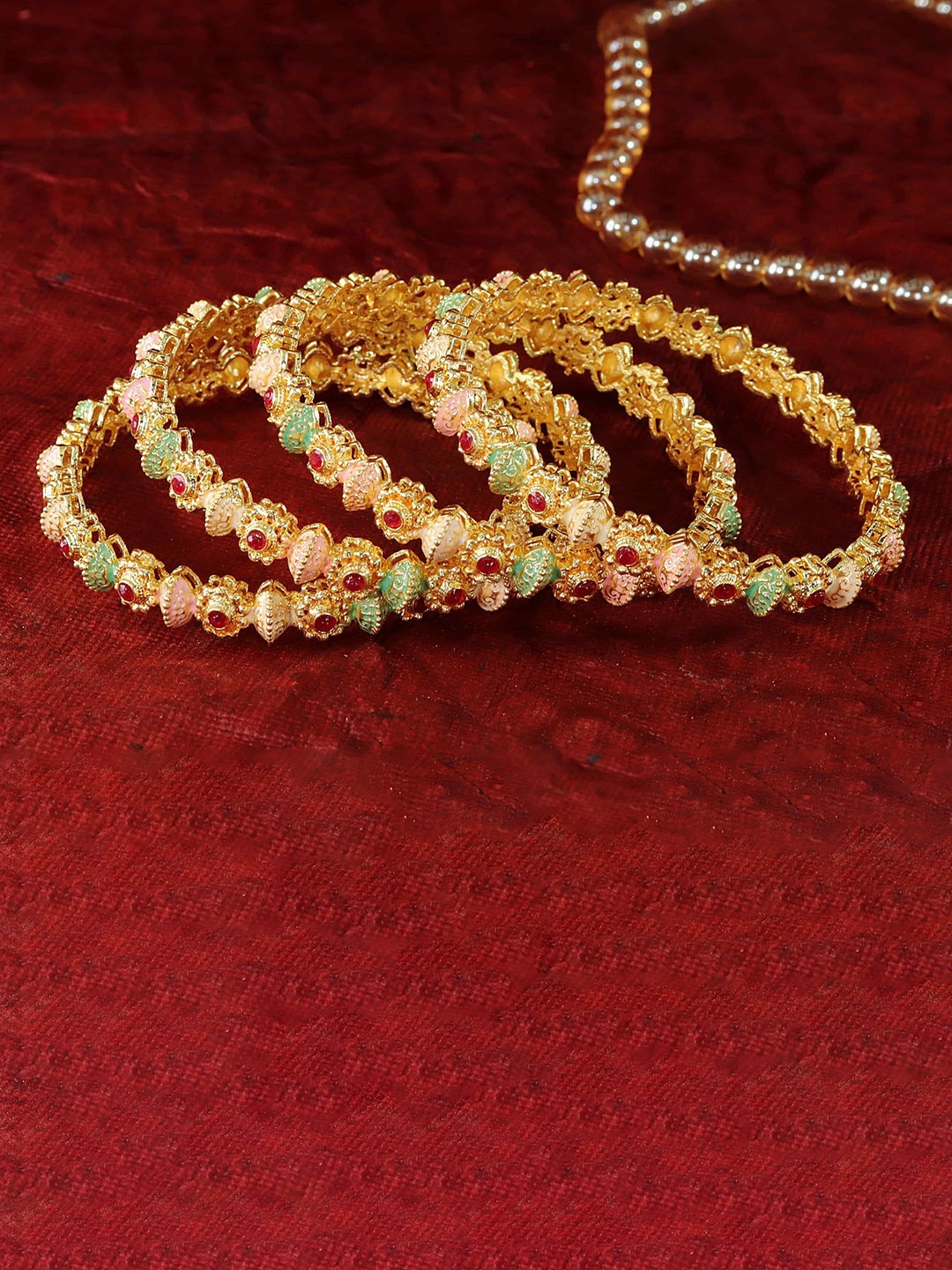 ZULKA Set of 4 Traditional Gold Plated Metal with Red Zircon GemStone Bangles, Multi
ZULKA Set of 4 Traditional Gold Plated Metal with Red Zircon GemStone Bangles, Multi