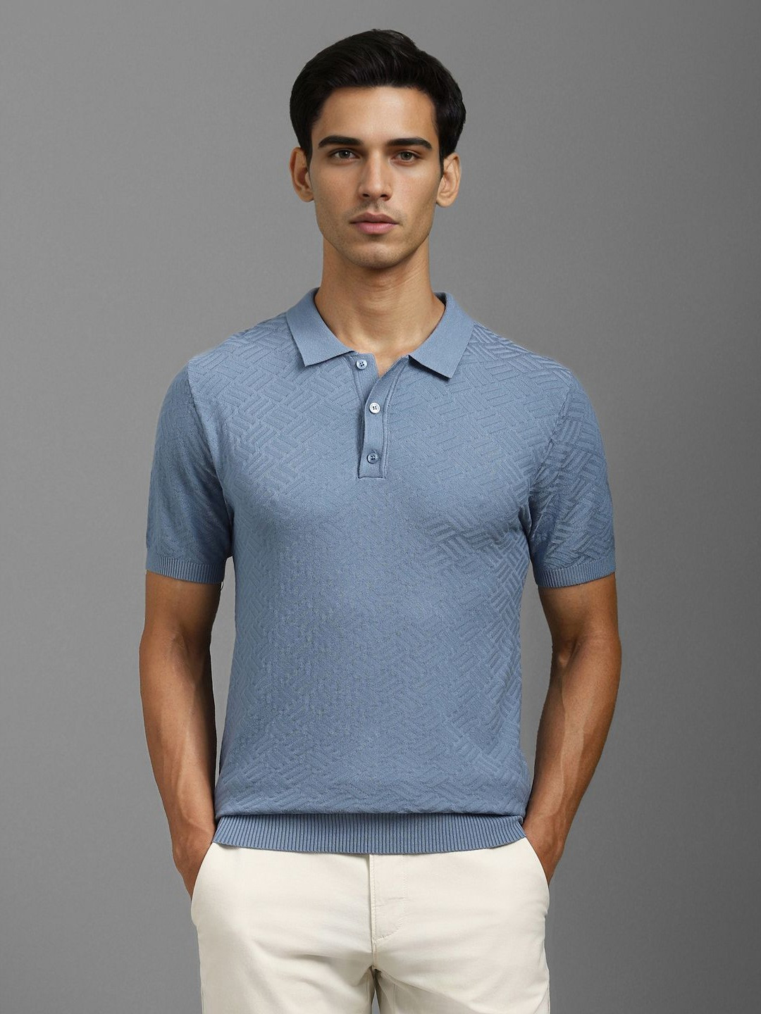 Louis Philippe Men Self Design Polo Collar T-shirt, Blue 
Louis Philippe Men Self Design Polo Collar T-shirt, Blue