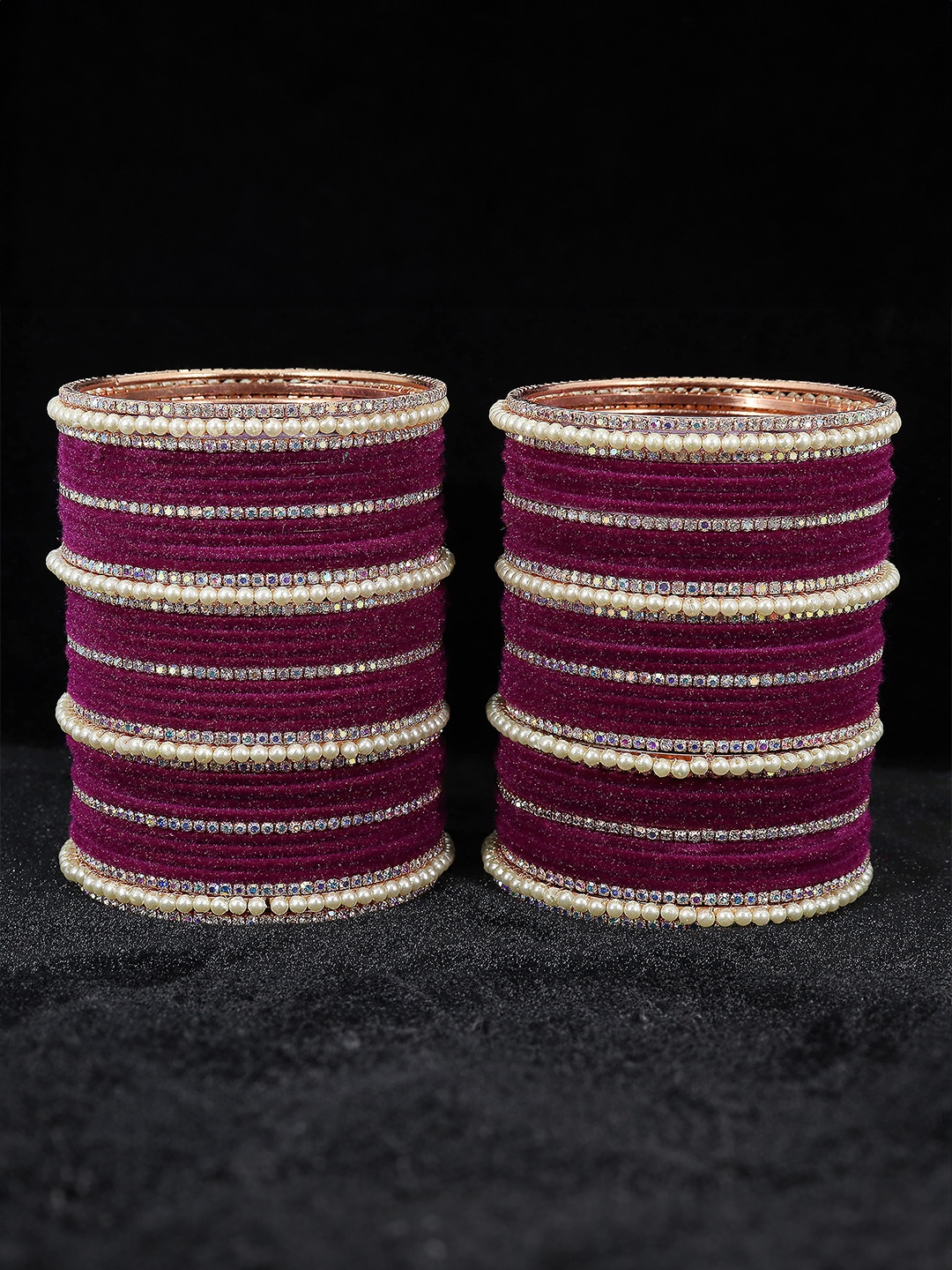 ZULKA Set of 32 Alloy Metal with Zircon Gemstone Pearls and Velvet Latkan Bangles, Maroon
ZULKA Set of 32 Alloy Metal with Zircon Gemstone Pearls and Velvet Latkan Bangles, Maroon