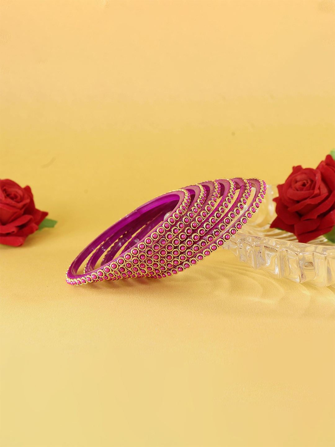 ZULKA Set of 4 Glass with Zircon Gemstone and Beads Studded Glossy Finished Kada, Magenta
ZULKA Set of 4 Glass with Zircon Gemstone and Beads Studded Glossy Finished Kada, Magenta