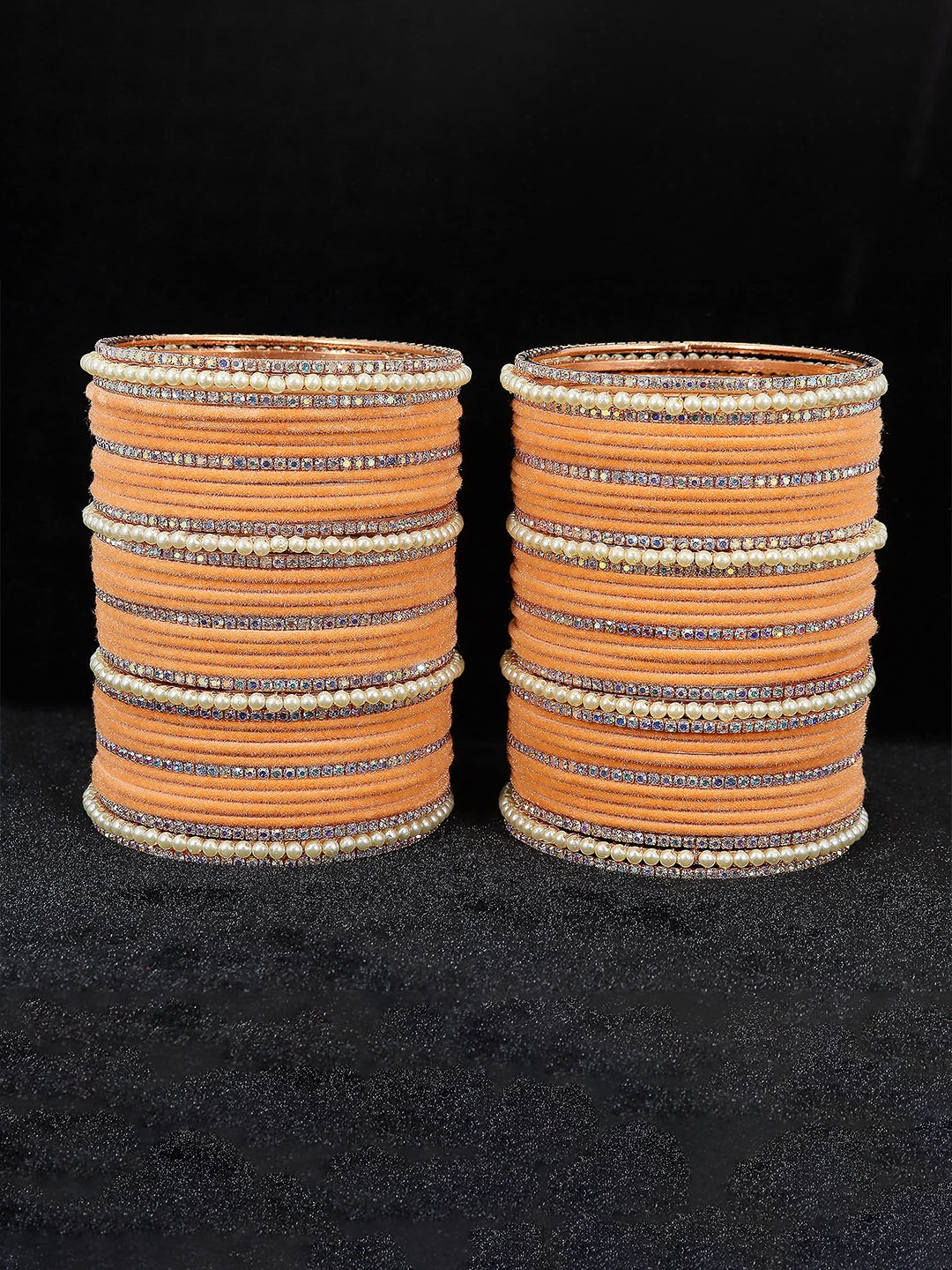 ZULKA Set of 32 Alloy Metal with Zircon Gemstone Pearls and Velvet Latkan Bangles, Orange
ZULKA Set of 32 Alloy Metal with Zircon Gemstone Pearls and Velvet Latkan Bangles, Orange