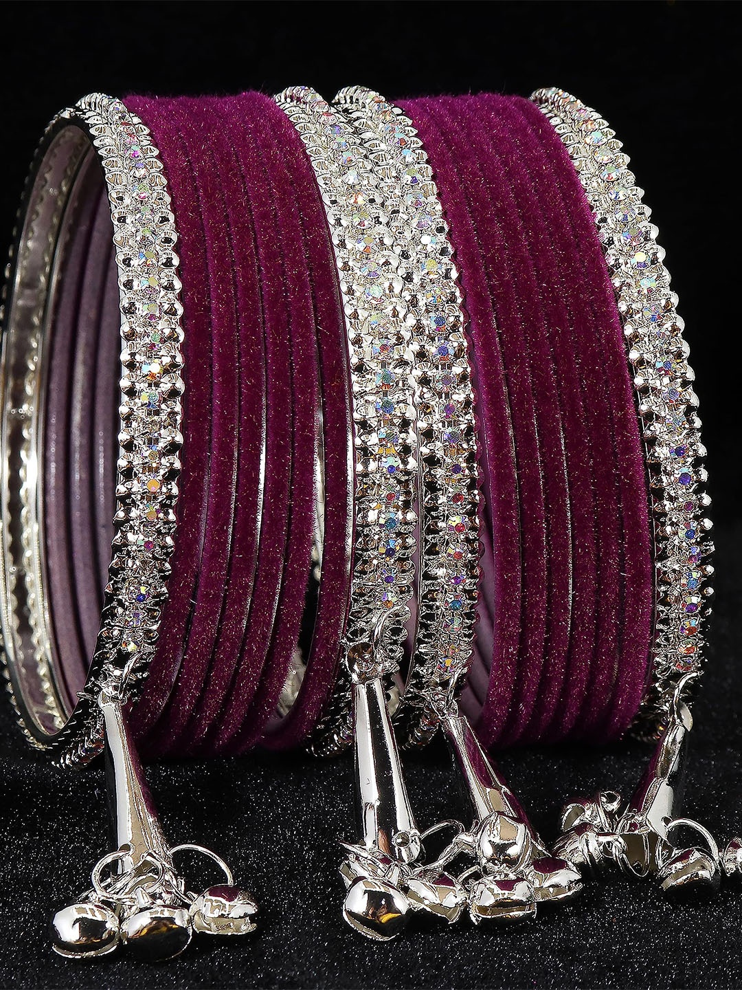 ZULKA Set of 16 Metal with Zircon Gemstone and Velvet Studded Latkan Bangles, Magenta
ZULKA Set of 16 Metal with Zircon Gemstone and Velvet Studded Latkan Bangles, Magenta