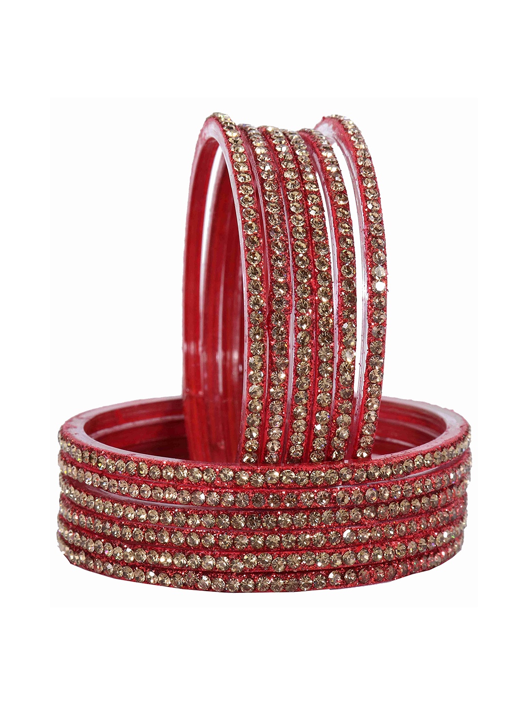 ZULKA Set of 12 Glass With Zircon Gemstone Studded Glossy Finished Bangle, Red
ZULKA Set of 12 Glass With Zircon Gemstone Studded Glossy Finished Bangle, Red