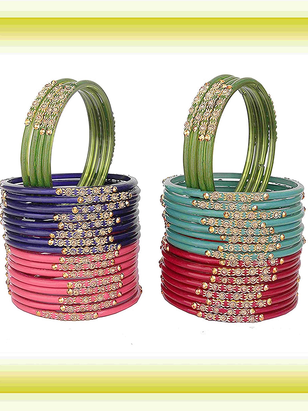 ZULKA Set of 4 Glass with Zircon Gemstone and Beads Studded Glossy Finished Kada For Women, Green
ZULKA Set of 4 Glass with Zircon Gemstone and Beads Studded Glossy Finished Kada For Women, Green