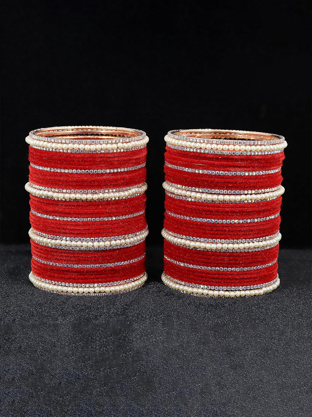 ZULKA Set of 32 Alloy Metal with Zircon Gemstone Pearls and Velvet Latkan Bangles, Peach
ZULKA Set of 32 Alloy Metal with Zircon Gemstone Pearls and Velvet Latkan Bangles, Peach