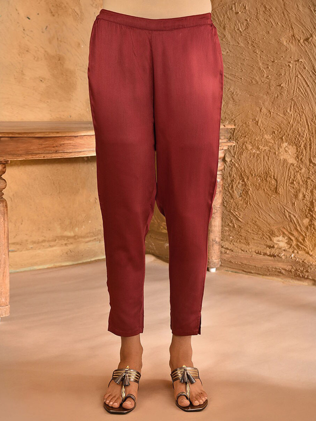 JAYPORE Women Relaxed Trousers, Red 
JAYPORE Women Relaxed Trousers, Red