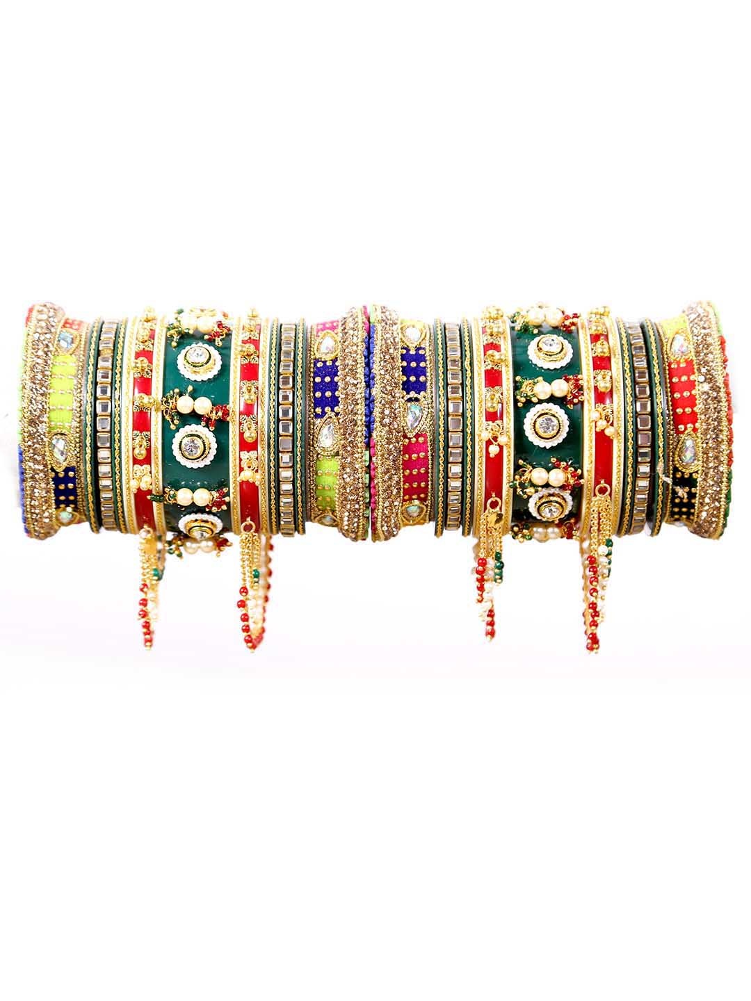 Align Set Of 2 Gold-Plated Stones & Beads Studded Pearl Chudas Bangles With Hangings, Green
Align Set Of 2 Gold-Plated Stones & Beads Studded Pearl Chudas Bangles With Hangings, Green
