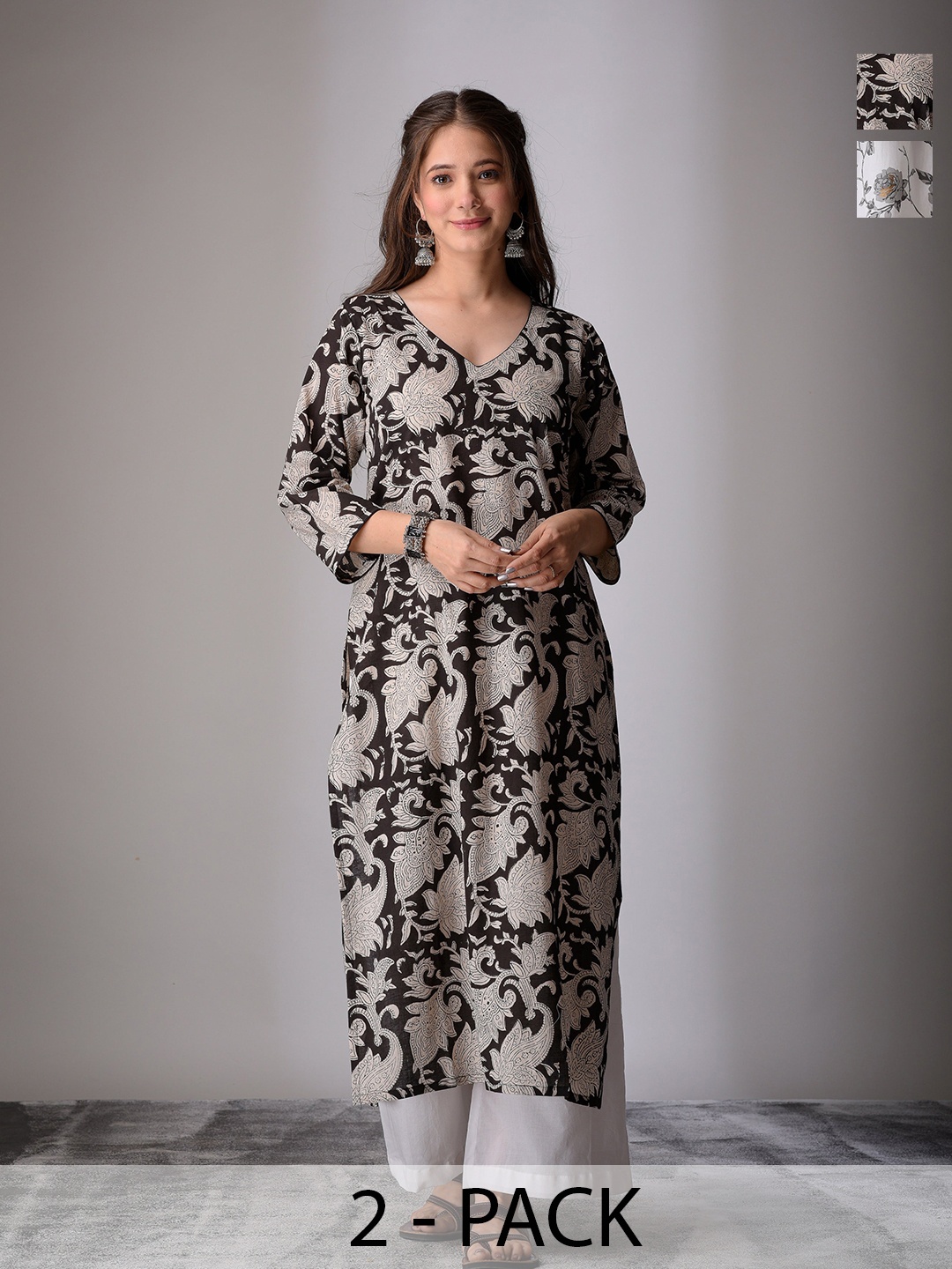 DIMPLE DESIGN STUDIO Selection Of 2 Floral Printed V Neck Cotton Straight Kurta, Black
DIMPLE DESIGN STUDIO Selection Of 2 Floral Printed V Neck Cotton Straight Kurta, Black