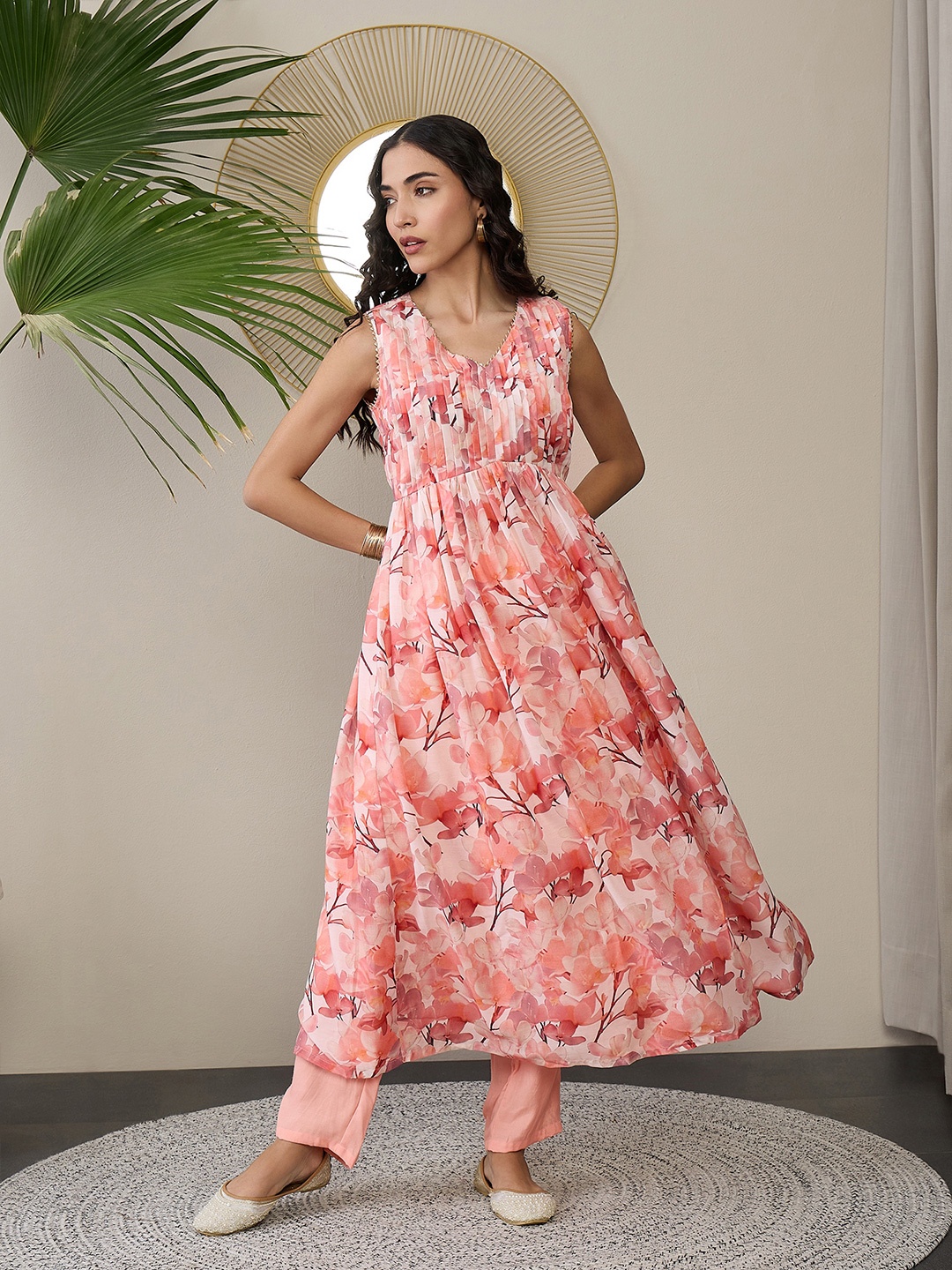 ADORNIA V-Neck Floral Printed Pleated Gotta Patti Anarkali Kurta with Trousers, Peach
ADORNIA V-Neck Floral Printed Pleated Gotta Patti Anarkali Kurta with Trousers, Peach