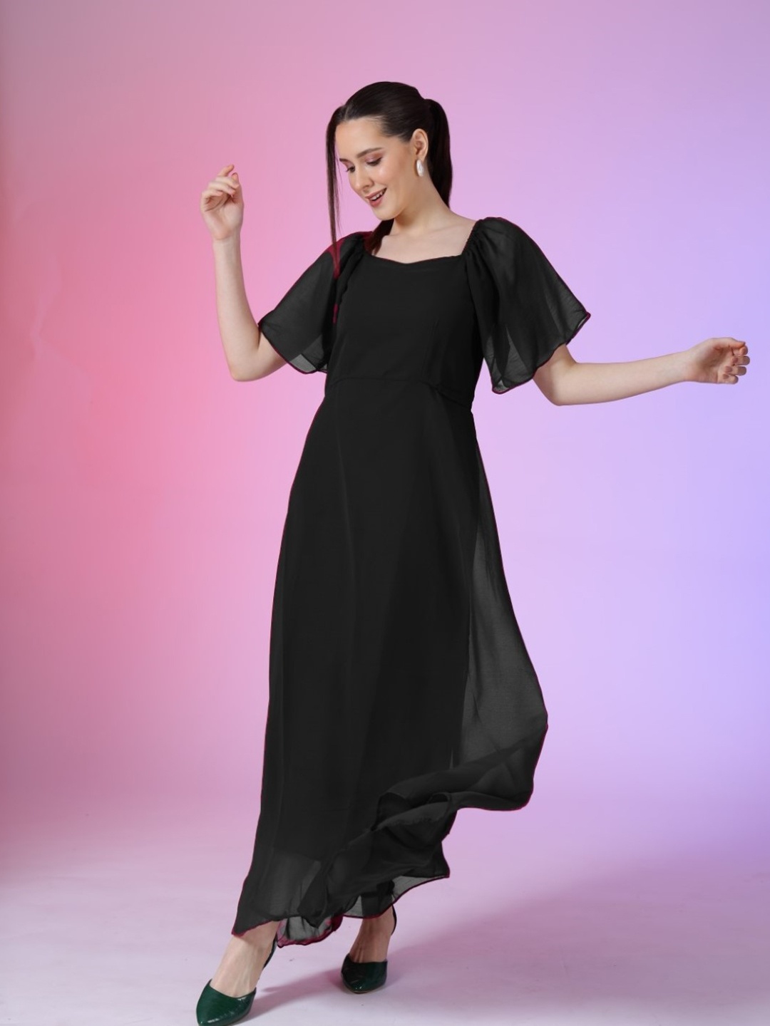 Krunal Raiyani Women Flutter Sleeves Georgette Fit & Flare Midi Dress, Black
Krunal Raiyani Women Flutter Sleeves Georgette Fit & Flare Midi Dress, Black