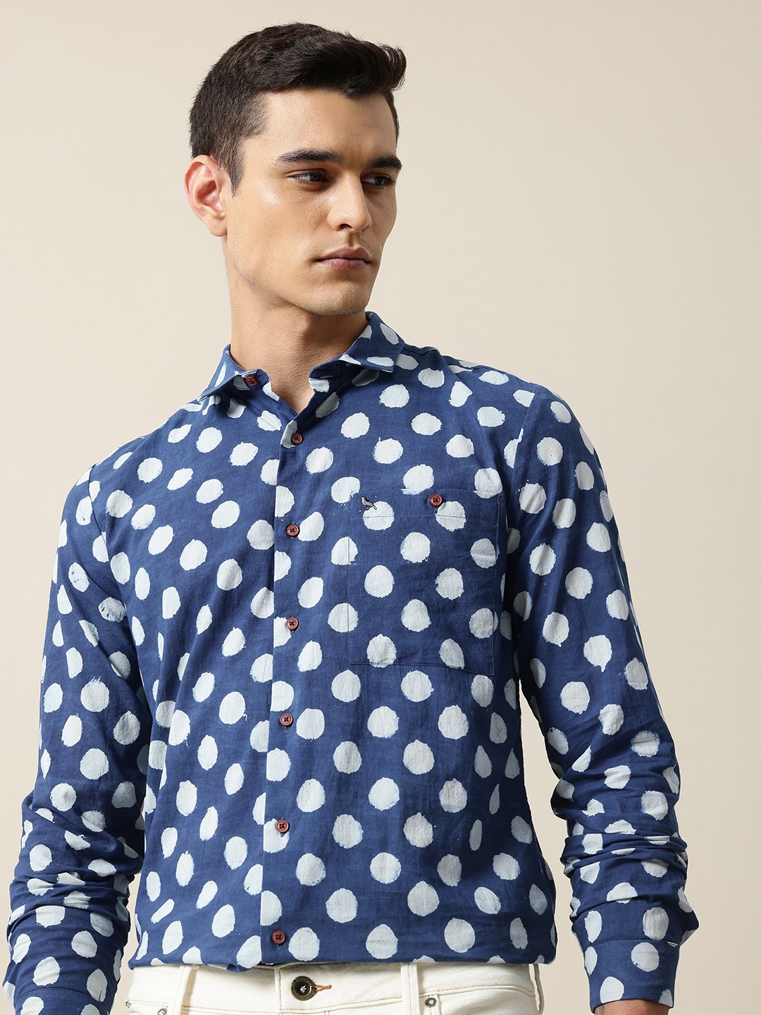 Mr Bowerbird Tailored Fit Organic Cotton Polka Dot Hand Printed Casual Shirt, Navy blue
Mr Bowerbird Tailored Fit Organic Cotton Polka Dot Hand Printed Casual Shirt, Navy blue