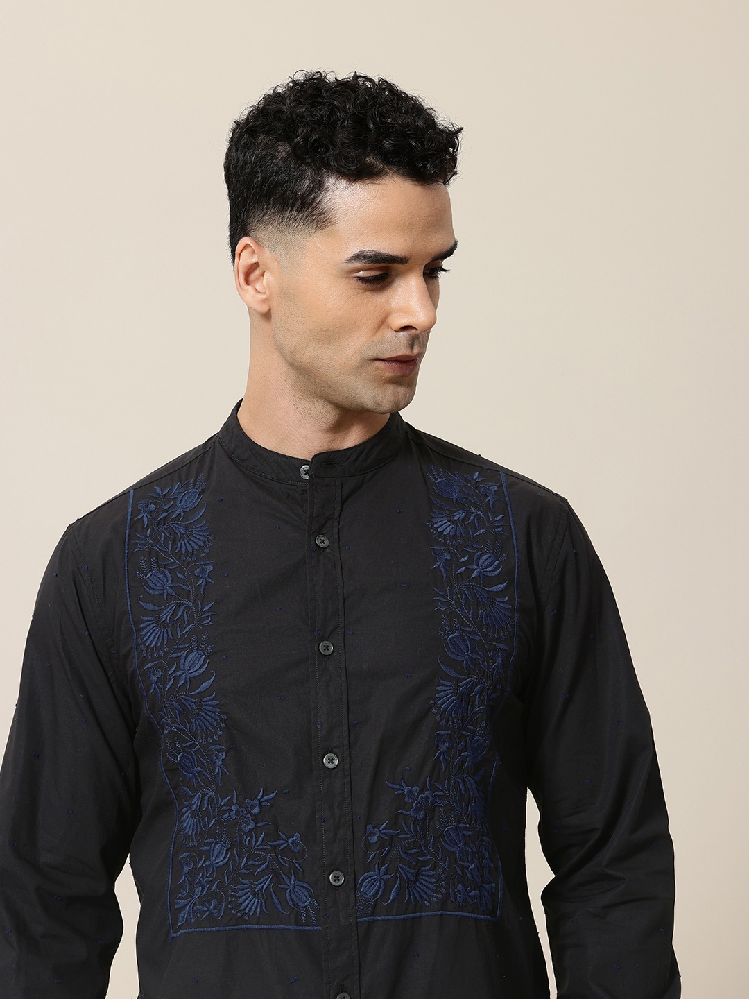 Mr Bowerbird Tailored Fit Floral Embroidered Band Collar Pure Cotton Casual Shirt, Black
Mr Bowerbird Tailored Fit Floral Embroidered Band Collar Pure Cotton Casual Shirt, Black