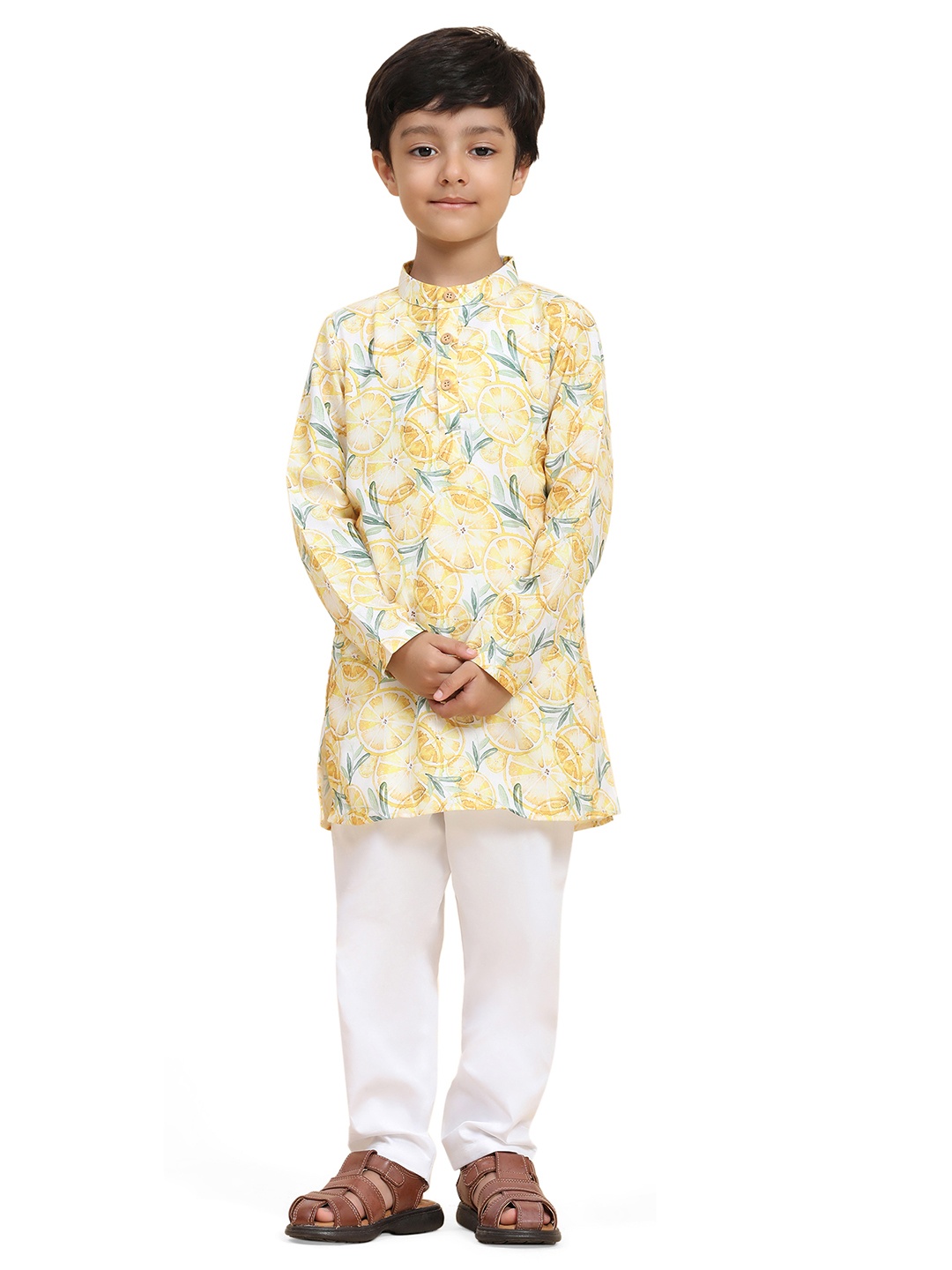 Funny Bones Conversational Printed Band Collar Linen Straight Kurta With Pyjamas, Yellow
Funny Bones Conversational Printed Band Collar Linen Straight Kurta With Pyjamas, Yellow