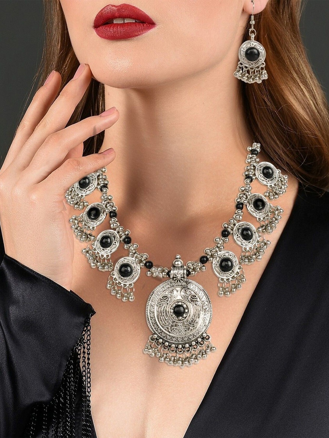 Oxidized Heaven Sterling Silver-Plated Stones-Studded & Beaded Necklace and Earrings
Oxidized Heaven Sterling Silver-Plated Stones-Studded & Beaded Necklace and Earrings