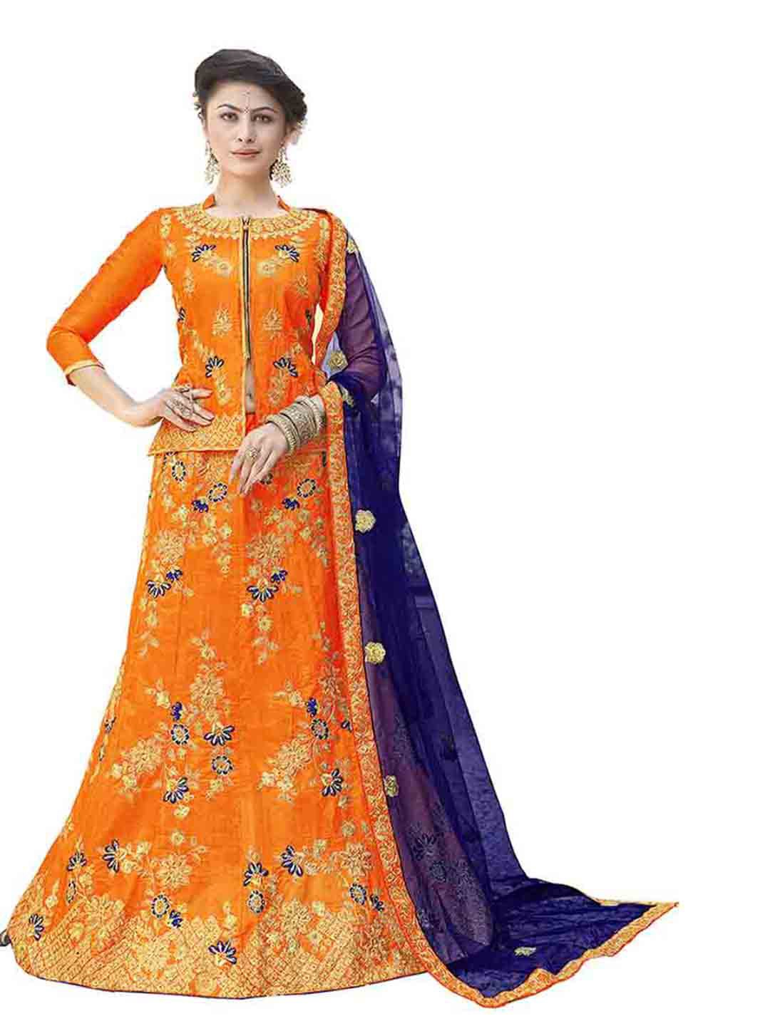 MANVAA Orange & Blue Embroidered Thread Work Semi-Stitched Lehenga & Unstitched Blouse With Dupatta
MANVAA Orange & Blue Embroidered Thread Work Semi-Stitched Lehenga & Unstitched Blouse With Dupatta