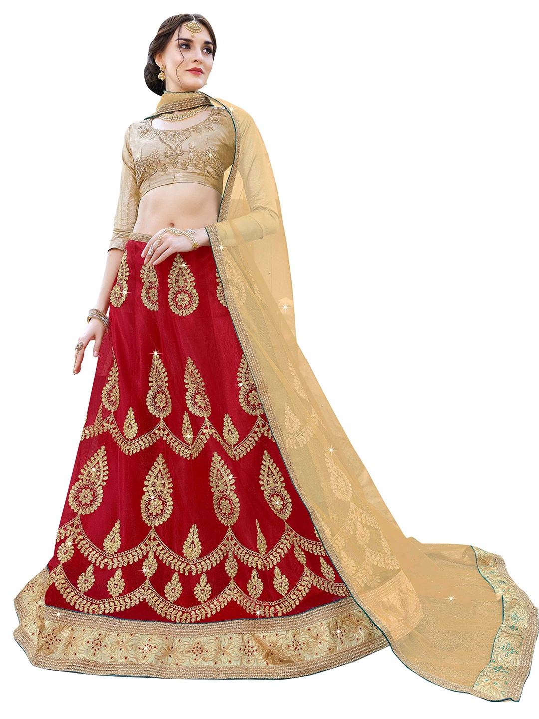 MANVAA Red & Beige Embroidered Beads and Stones Semi-Stitched Lehenga & Unstitched Blouse With Dupatta
MANVAA Red & Beige Embroidered Beads and Stones Semi-Stitched Lehenga & Unstitched Blouse With Dupatta
