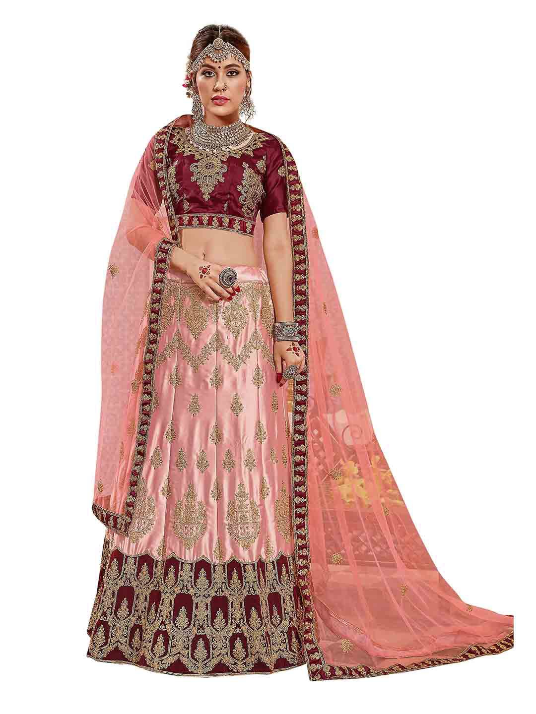 MANVAA Peach-Coloured & Maroon Embroidered Thread Work Semi-Stitched Lehenga & Unstitched Blouse With Dupatta
MANVAA Peach-Coloured & Maroon Embroidered Thread Work Semi-Stitched Lehenga & Unstitched Blouse With Dupatta