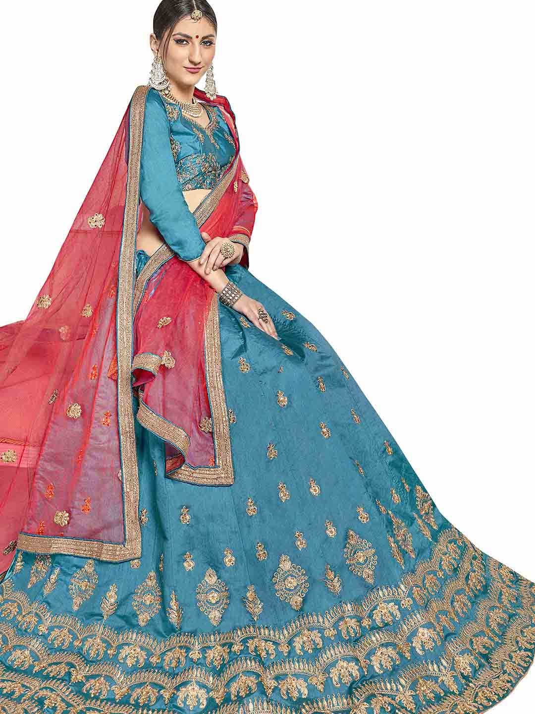 MANVAA Blue & Red Embroidered Thread Work Semi-Stitched Lehenga & Unstitched Blouse With Dupatta
MANVAA Blue & Red Embroidered Thread Work Semi-Stitched Lehenga & Unstitched Blouse With Dupatta