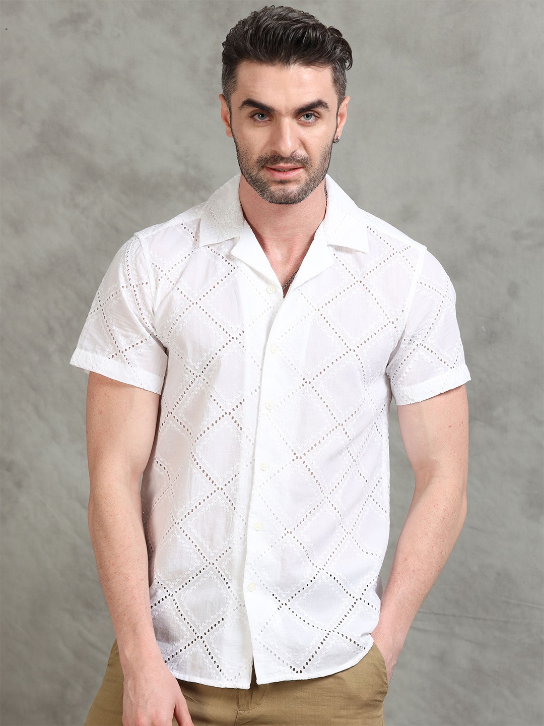 StitchX Men Slim Fit Half Sleeve Semi Sheer Schiffli Crochet Cuban Collar Shirt, White
StitchX Men Slim Fit Half Sleeve Semi Sheer Schiffli Crochet Cuban Collar Shirt, White