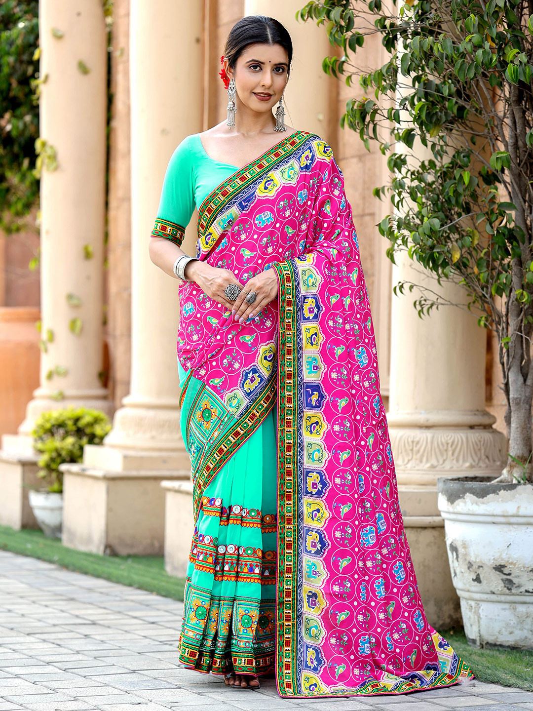 A.V.M Prints Kalamkari Embroidered Art Silk Half and Half Maheshwari Saree, Pink
A.V.M Prints Kalamkari Embroidered Art Silk Half and Half Maheshwari Saree, Pink