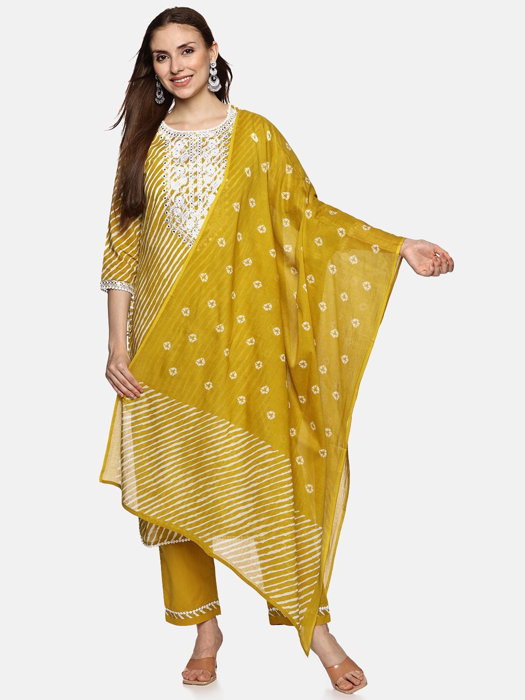 RAJMANDIRFABRICS Floral Embroidered Mirror Work Pure Cotton Kurta With Trousers & Dupatta, Yellow
RAJMANDIRFABRICS Floral Embroidered Mirror Work Pure Cotton Kurta With Trousers & Dupatta, Yellow