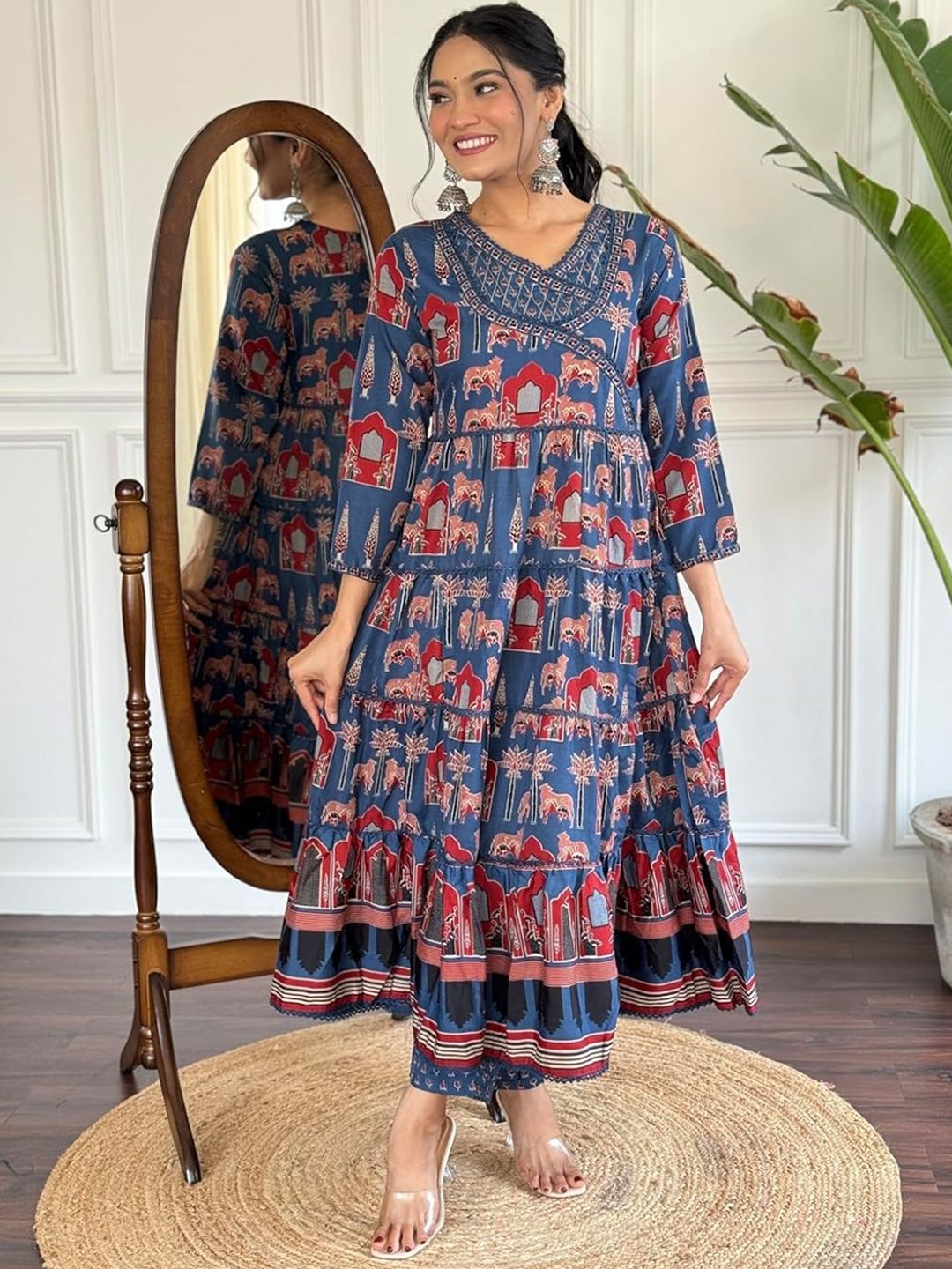 PARTHVI Women Printed Angrakha Thread Work Pure Cotton Kurta with Trousers & With Dupatta, Blue
PARTHVI Women Printed Angrakha Thread Work Pure Cotton Kurta with Trousers & With Dupatta, Blue