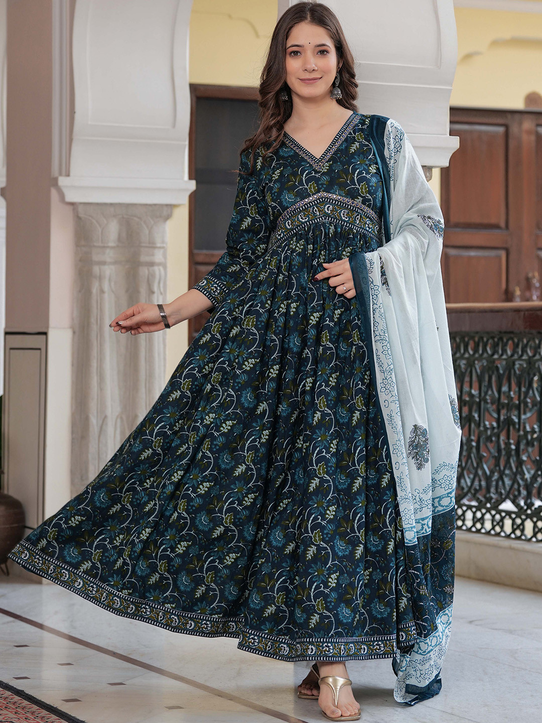 Mizaz Women Floral Printed Layered Mirror Work Pure Cotton Kurta with Trousers & With Dupatta, Navy blue
Mizaz Women Floral Printed Layered Mirror Work Pure Cotton Kurta with Trousers & With Dupatta, Navy blue