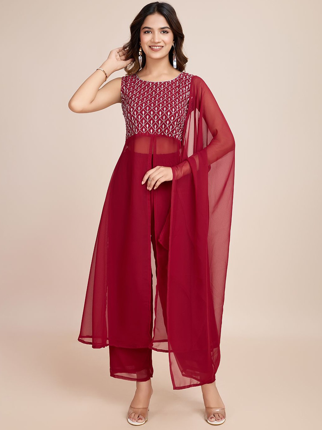 AKSHARAM Women Floral Embroidered Regular Sequinned Kurta with Trousers & With Dupatta, Red
AKSHARAM Women Floral Embroidered Regular Sequinned Kurta with Trousers & With Dupatta, Red