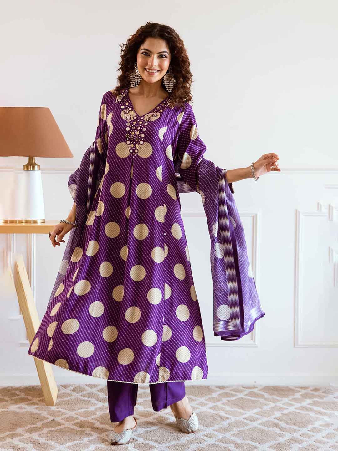 Nehamta Bandhani Printed Regular Mirror Work Straight Kurta with Trousers & Dupatta, Blue
Nehamta Bandhani Printed Regular Mirror Work Straight Kurta with Trousers & Dupatta, Blue