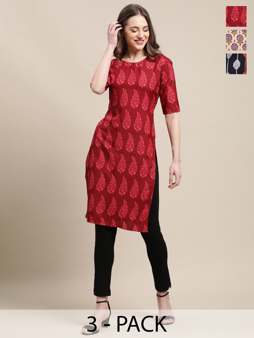7Threads Selection of 3 Ethnic Motifs Printed Round Neck Crepe Straight Kurtas, Red
7Threads Selection of 3 Ethnic Motifs Printed Round Neck Crepe Straight Kurtas, Red