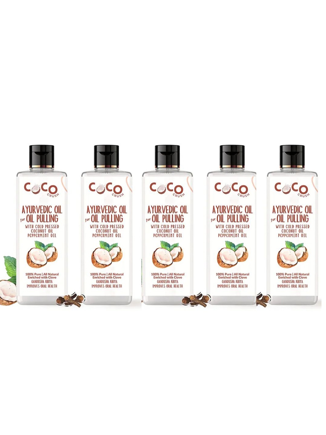 Coco Crush Set Of 5 Ayurvedic Natural Coconut & Peppermint Oral Oil Pulling - 200 ml Each, Transparent
Coco Crush Set Of 5 Ayurvedic Natural Coconut & Peppermint Oral Oil Pulling - 200 ml Each, Transparent