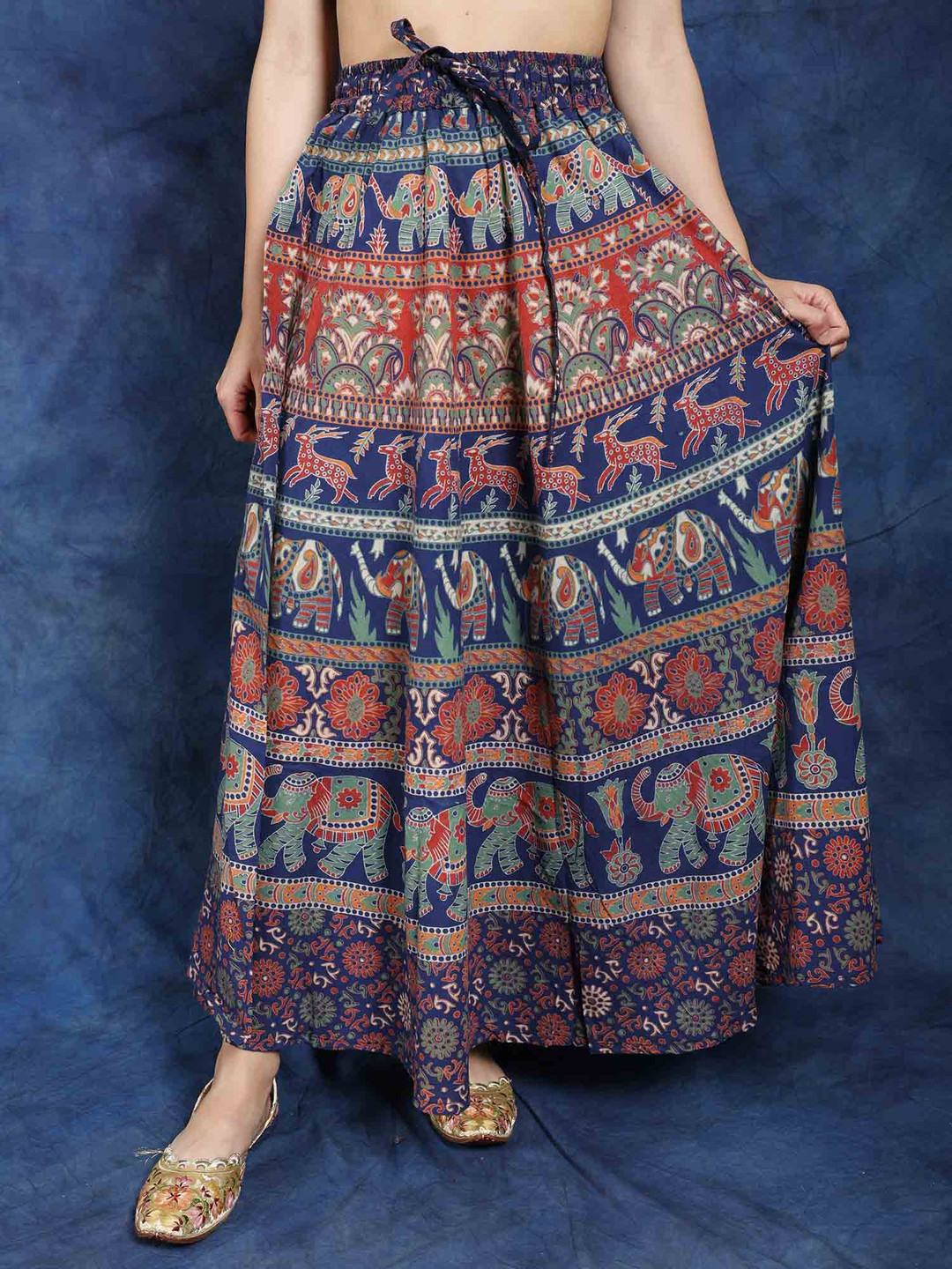 Exotic India Printed Pure Cotton A-line Maxi Skirts, Blue 
Exotic India Printed Pure Cotton A-line Maxi Skirts, Blue