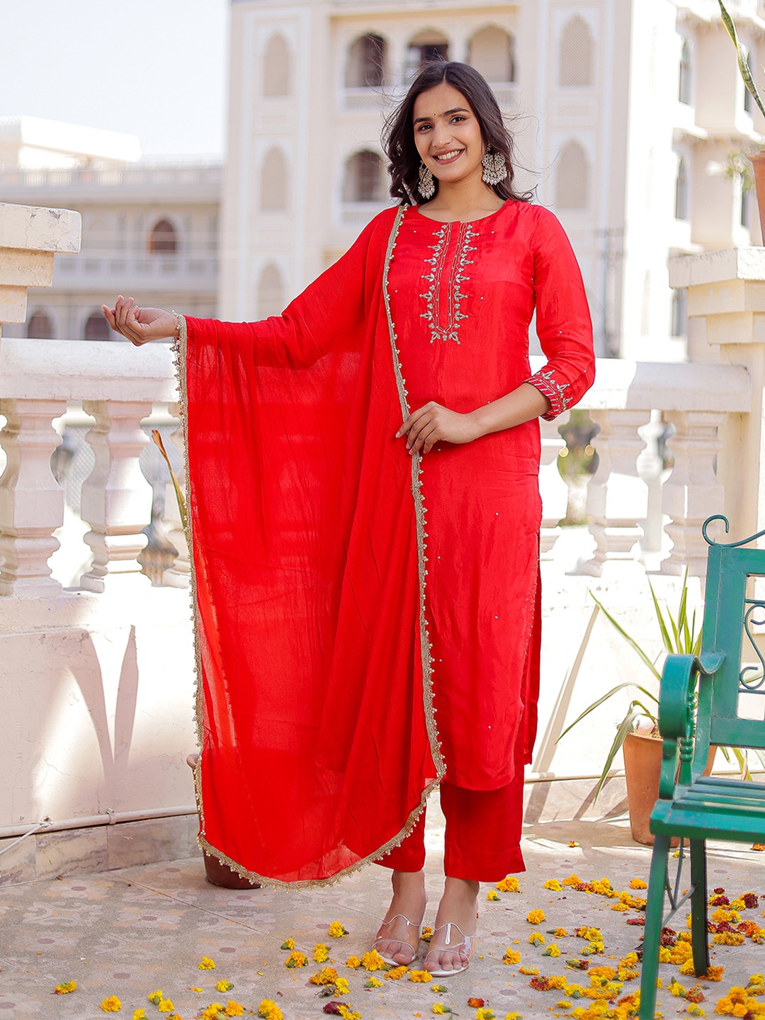 Chandbaali Women Ethnic Motifs Zardozi Silk Crepe Kurta with Pyjamas & With Dupatta, Red
Chandbaali Women Ethnic Motifs Zardozi Silk Crepe Kurta with Pyjamas & With Dupatta, Red