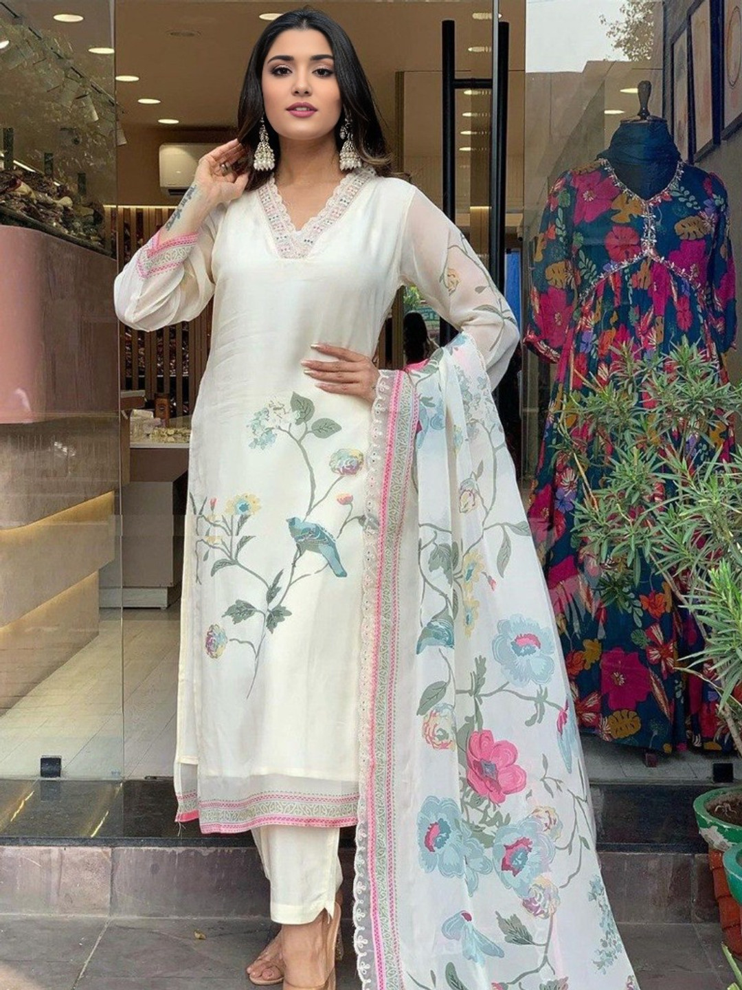 BLACK SCISSOR Floral Printed Pure Silk Straight Kurta with Trousers & Dupatta, Off white 
BLACK SCISSOR Floral Printed Pure Silk Straight Kurta with Trousers & Dupatta, Off white