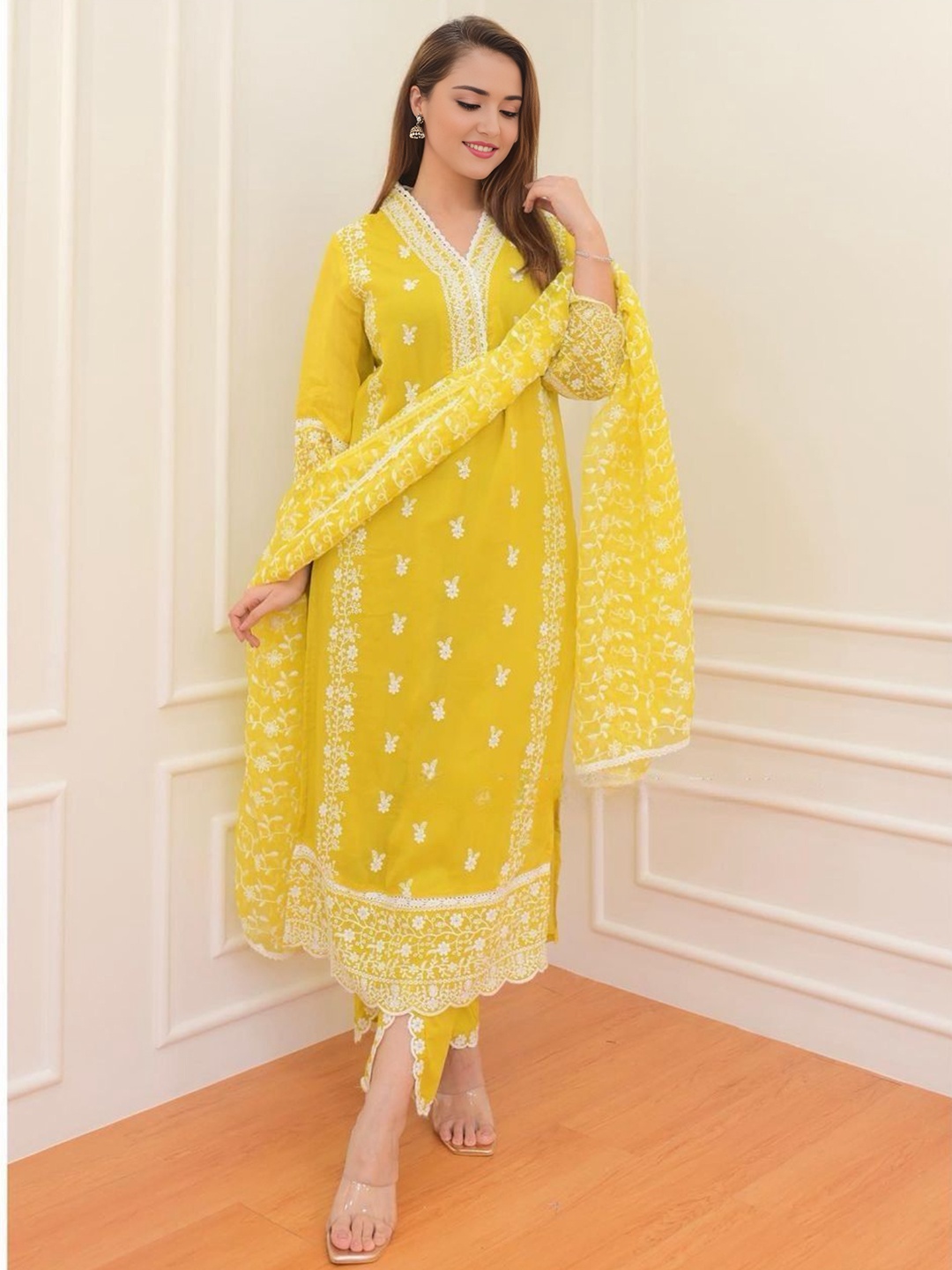 BLACK SCISSOR Floral Embroidered V-neck Straight Kurta with Trousers & Dupatta, Yellow
BLACK SCISSOR Floral Embroidered V-neck Straight Kurta with Trousers & Dupatta, Yellow